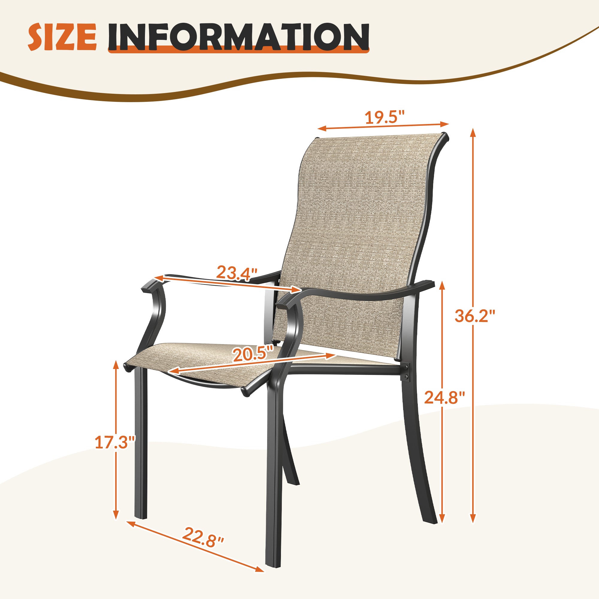UDPATIO Patio Dining Chairs Set of 2, High Back Wide Seat Outdoor Furniture Chairs with All Weather Breathable Textilene, for Garden Backyard Deck, Brown
