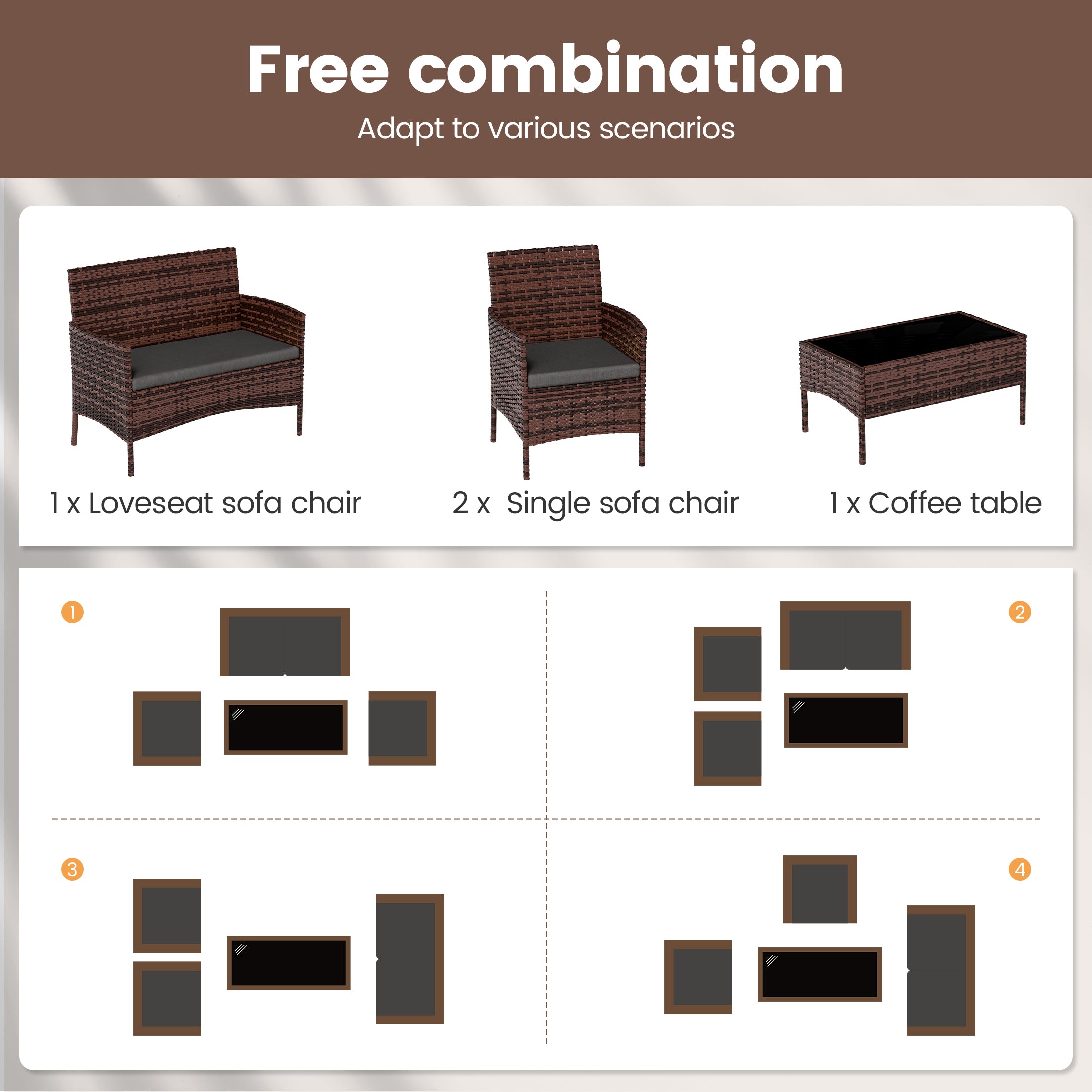 UDPATIO 4 Pieces Outdoor Patio Furniture,Sectional Conversation Sets,Brown PE Rattan Patio Chairs with Table and Loveseat for Balcony, Porch, Backyard,(Gray Cushion)