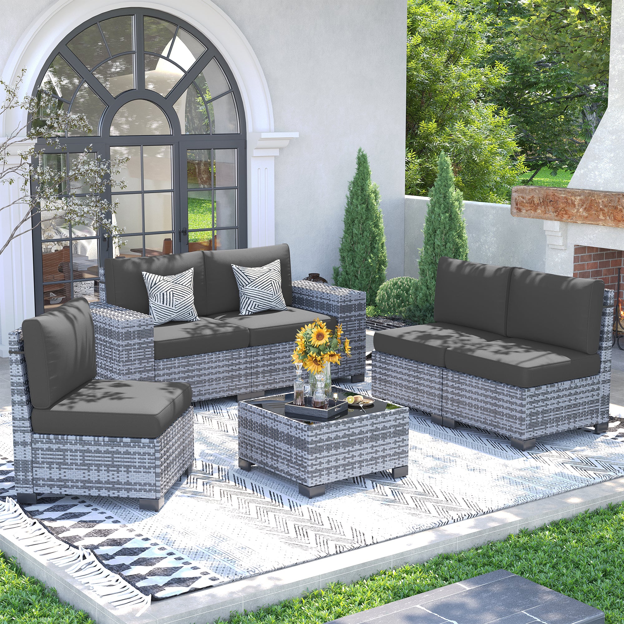 UDPATIO Patio Furniture Set, 8'' Wide Armrest Modular Rattan Outdoor Sectional Sofa Set, 6 Pieces Wicker Patio Conversation Sets for Backyard,Deck w/ 4'' Cushions,Cover,Coffee Table