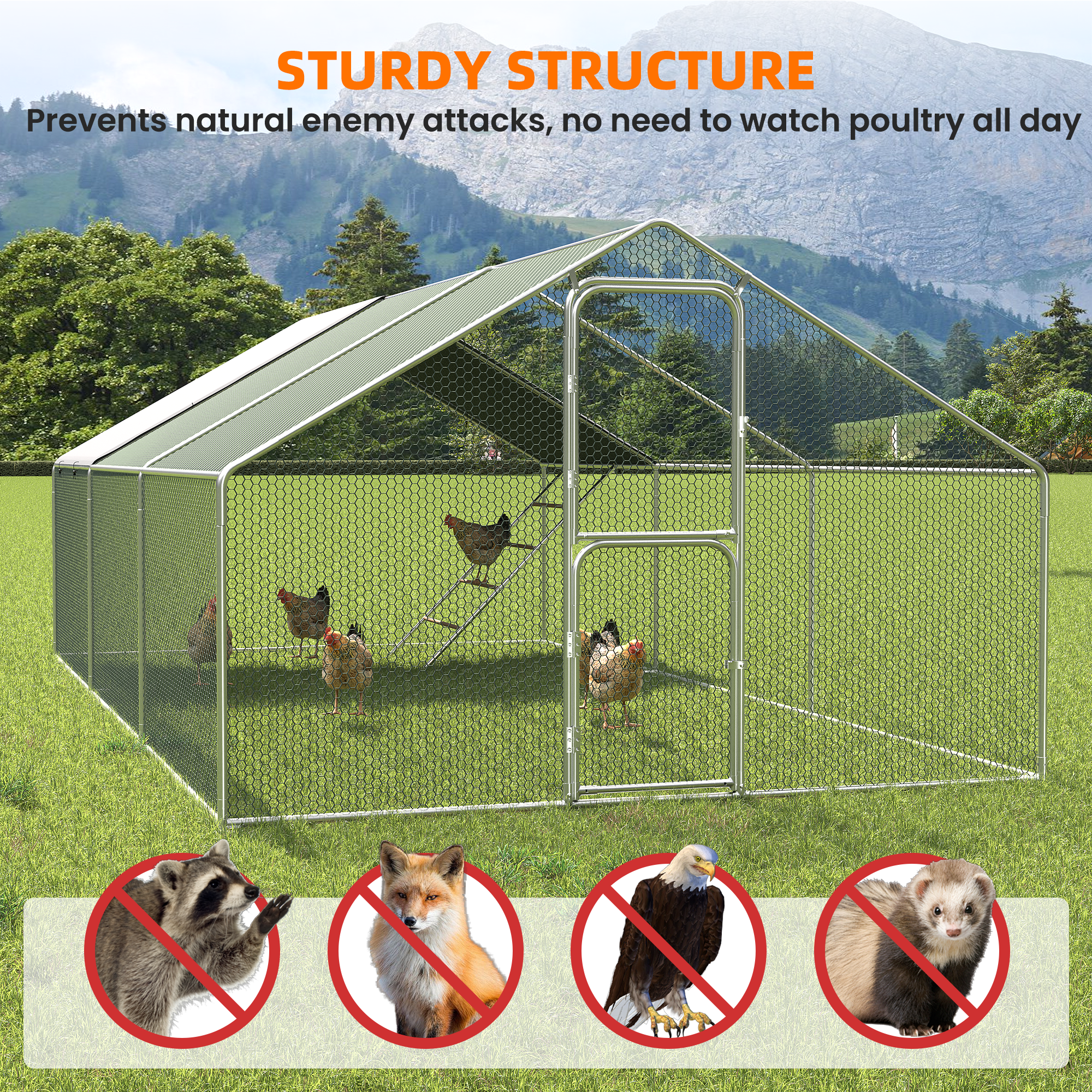 UPDATIO Large Metal Chicken Coop Walk In with Roosting Perch — Heavy-Duty Outdoor Poultry Pen with Protective Cover, Predator-Proof & Weather-Resistant for 25-35 Chickens,18*10*6 FT