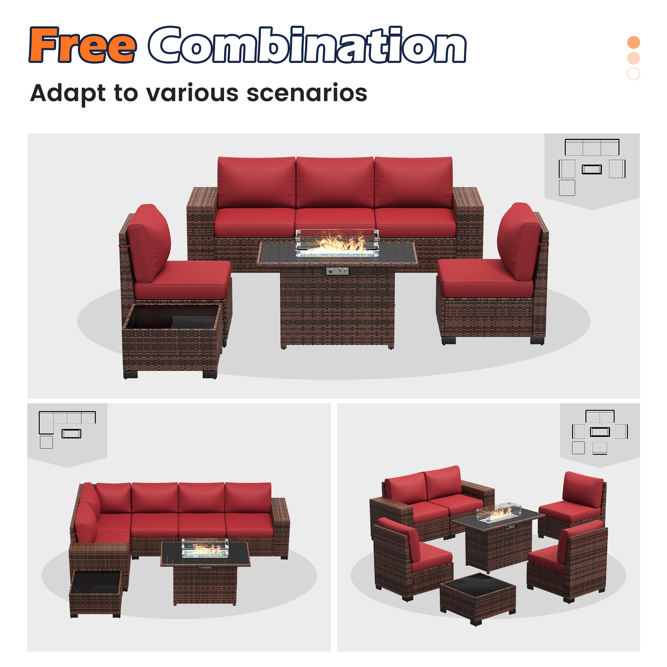 UDPATIO Patio Furniture Set with Fire Pit Table, Outdoor Patio Sofa Set With Wide Armrest, All-Weather Wicker Rattan Guest Set With Cushion And Glass Table And Waterproof Cover, Brown&Wine Red