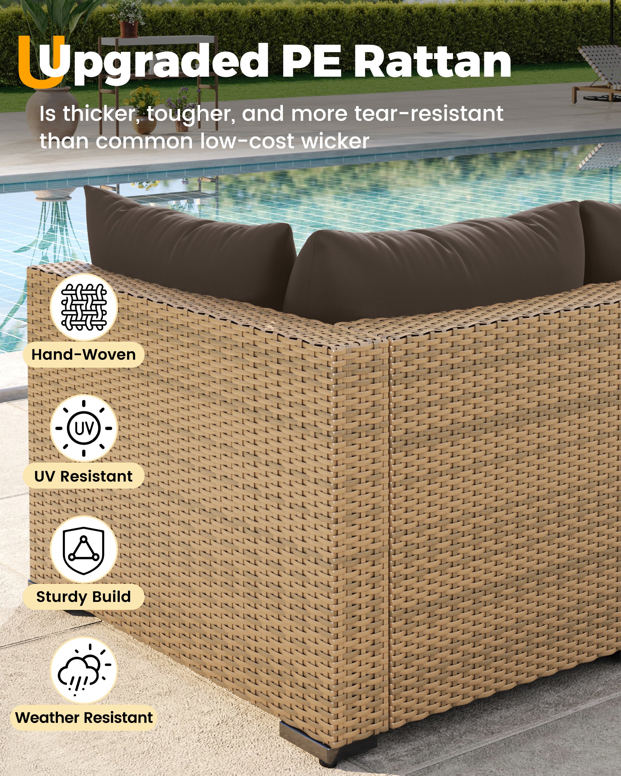 UDPATIO Furniture Set with Fire Pit Table, 8 Piece Sectional Sofas, All-Weather Wicker Conversation for Garden, Backyard, Brown