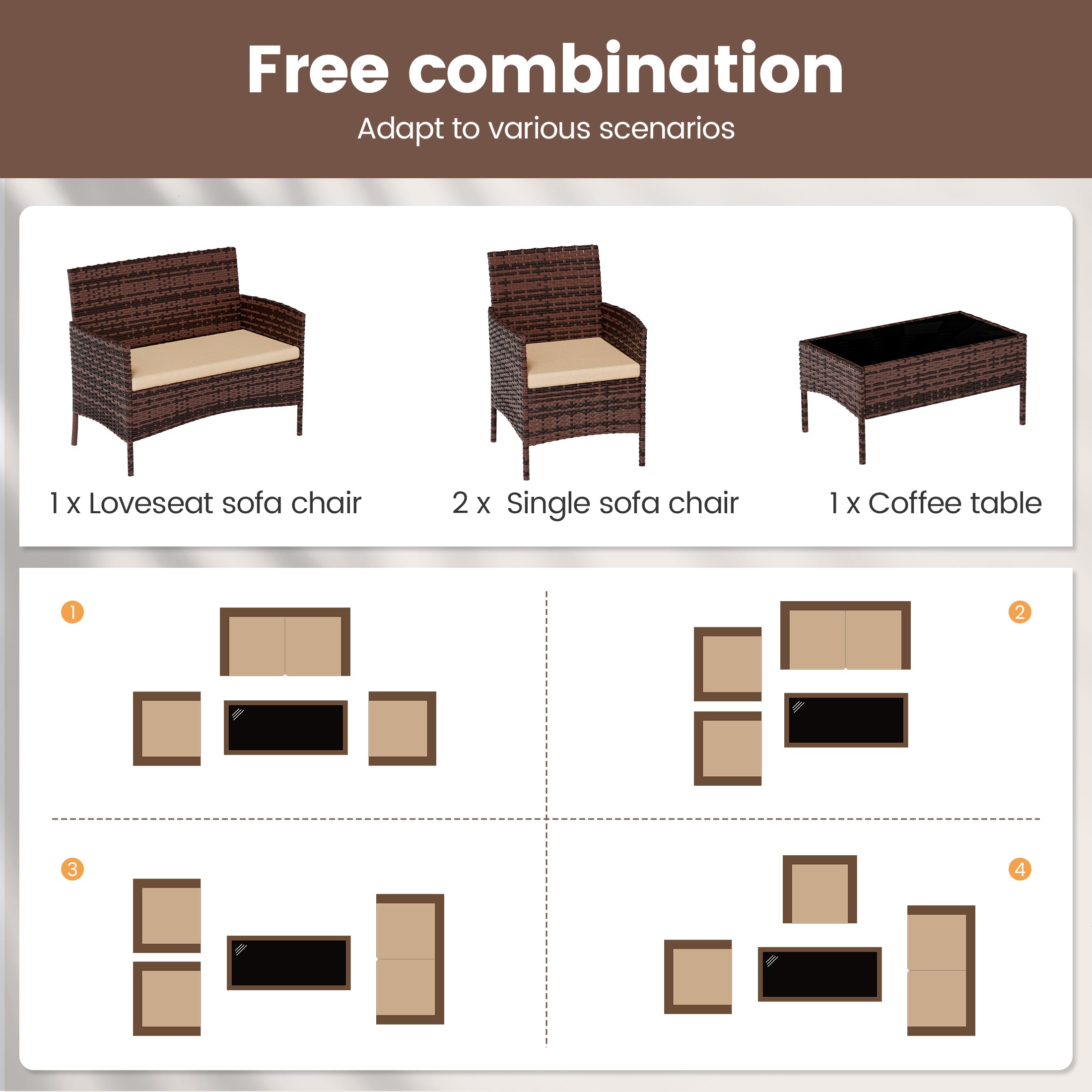 UDPATIO 4 Pieces Outdoor Patio Furniture,Sectional Conversation Sets,Brown PE Rattan Patio Chairs with Table and Loveseat for Balcony, Porch, Backyard,(Khaki Cushion)