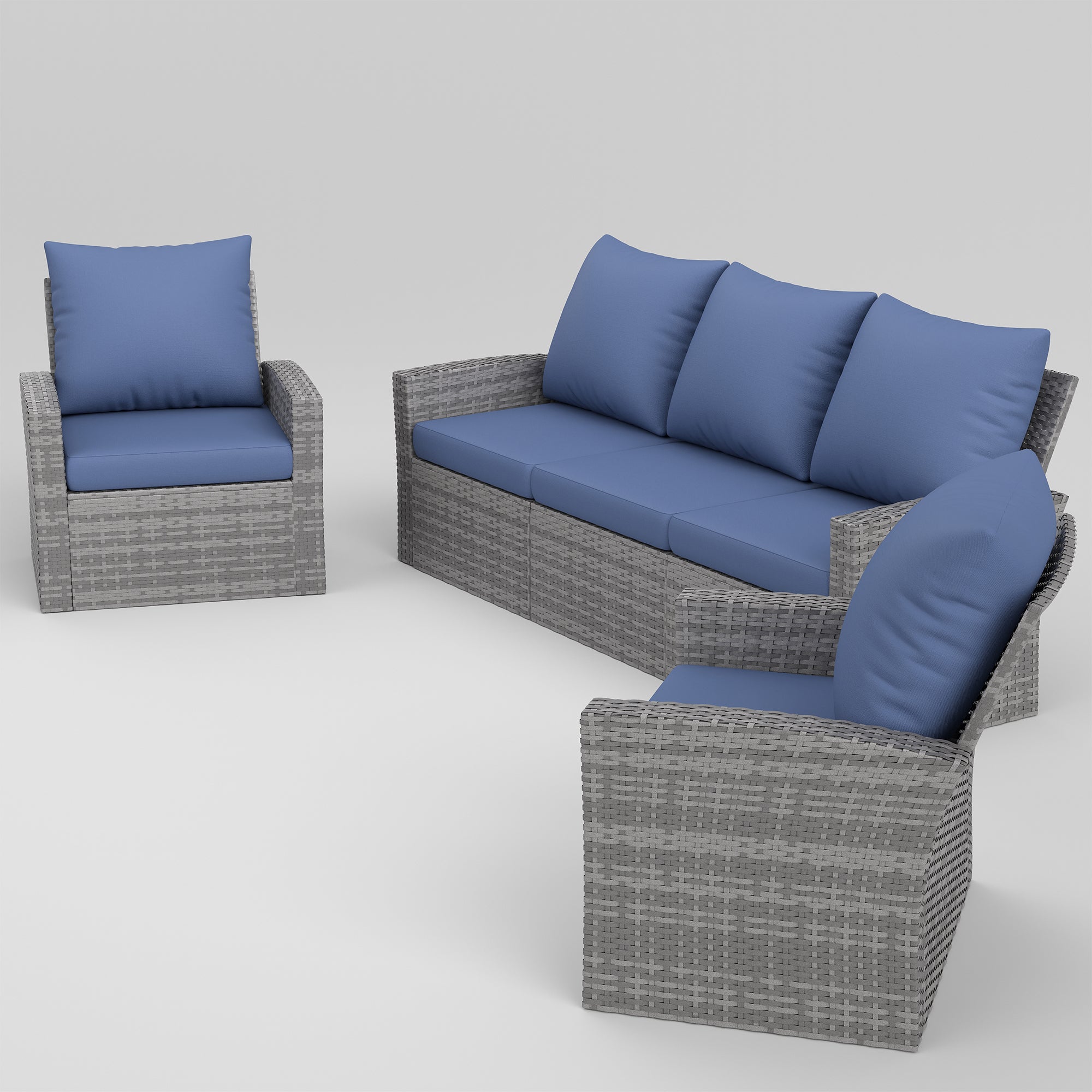 UDPATIO Outdoor Sectional Conversation Sets,Gray Wicker Patio Furniture Set,3-piece outdoor sofa set for Balcony, Porch, Backyard, Navy