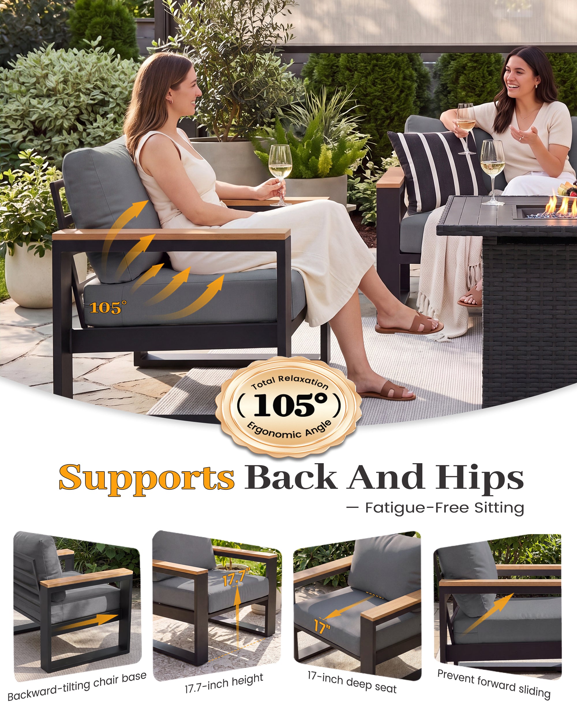 UDPATIO Aluminum Patio Furniture Set 5 Pieces, Ergonomic Backrest