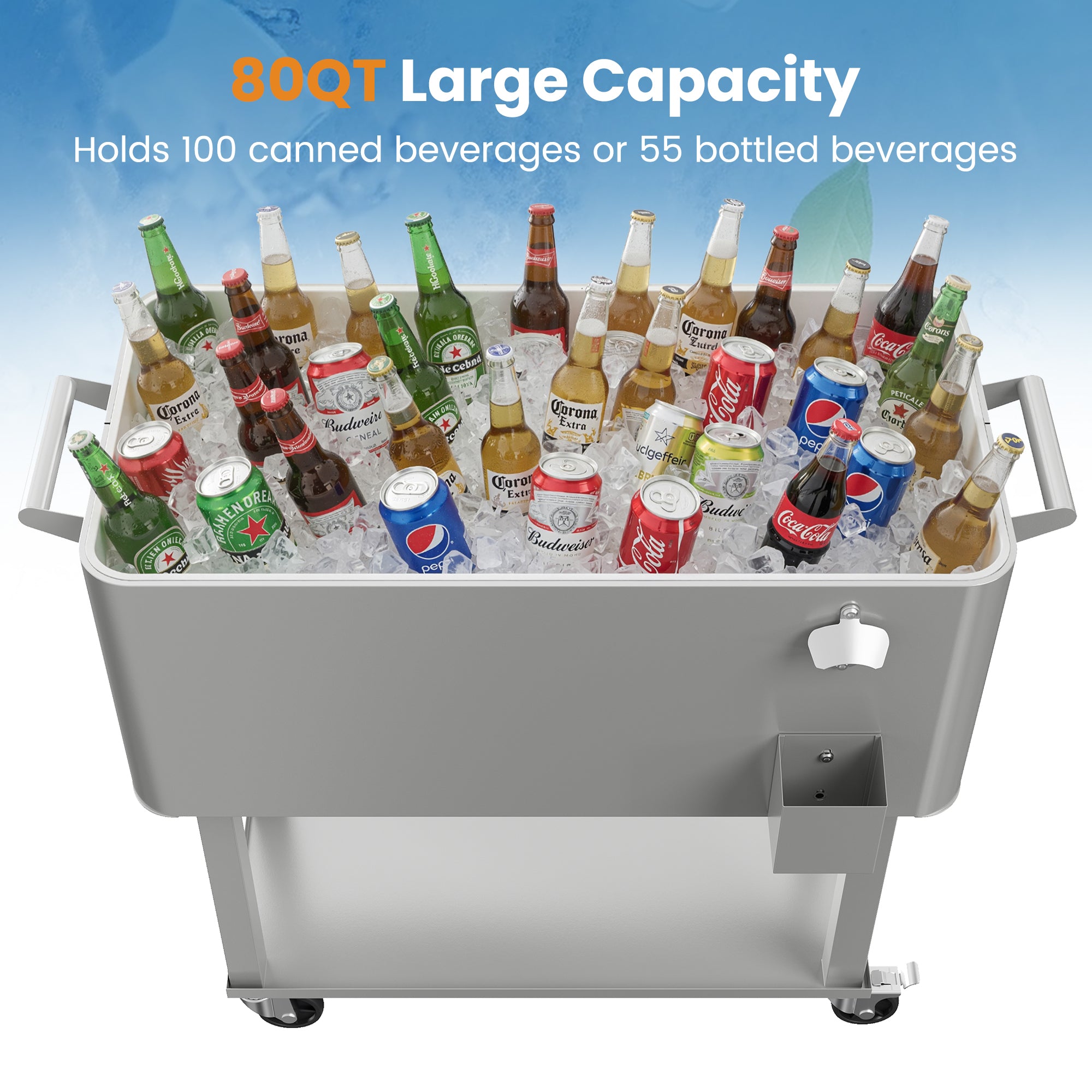 Patio Cooler Cart 80 Quart Outdoor Rolling Ice Chest Portable Beverage Bar with Bottom Storage Tray and Bottle Opener for Party BBQ Beach Activities