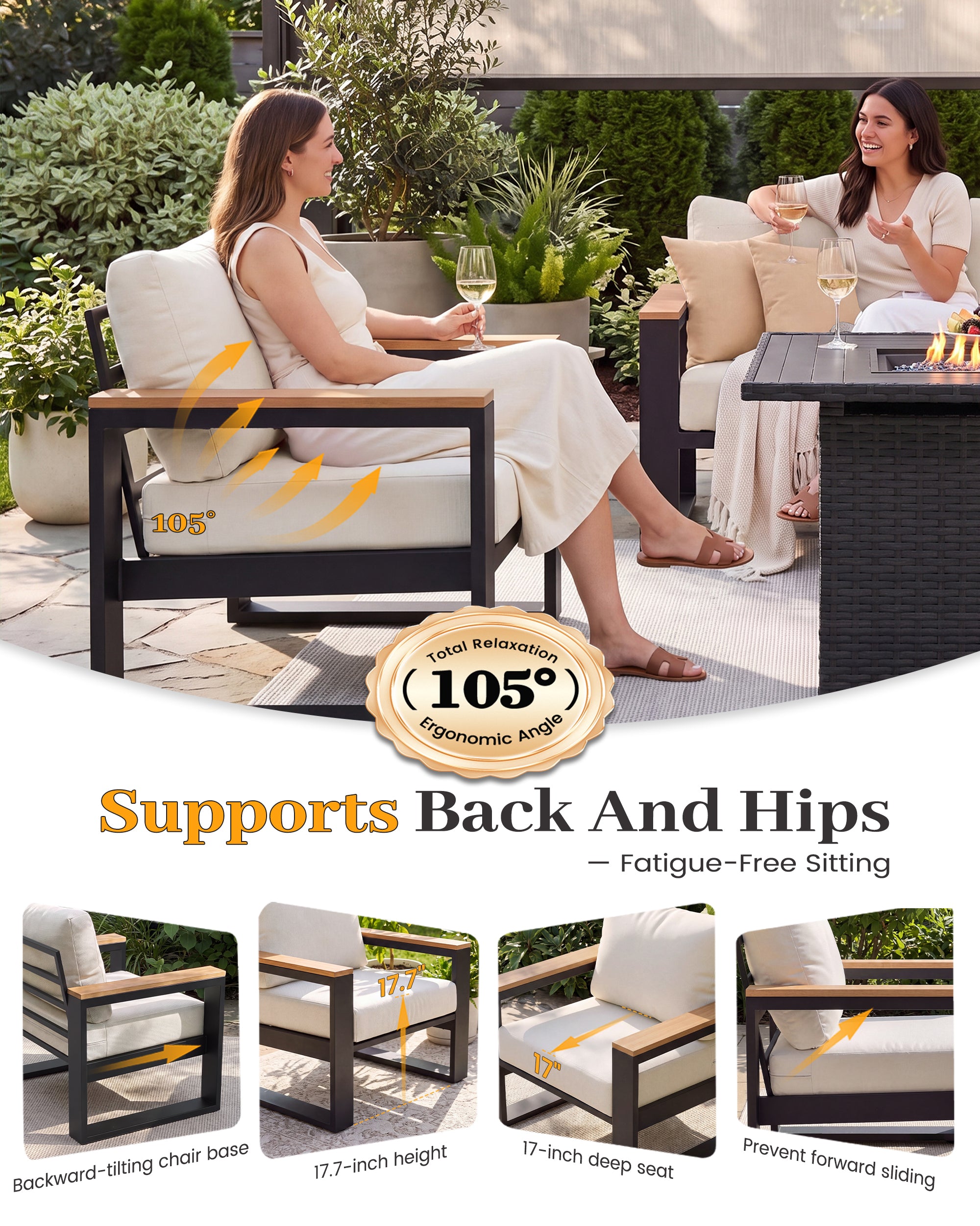 UDPATIO Aluminum Patio Furniture Set 6 Pieces, Ergonomic Backrest