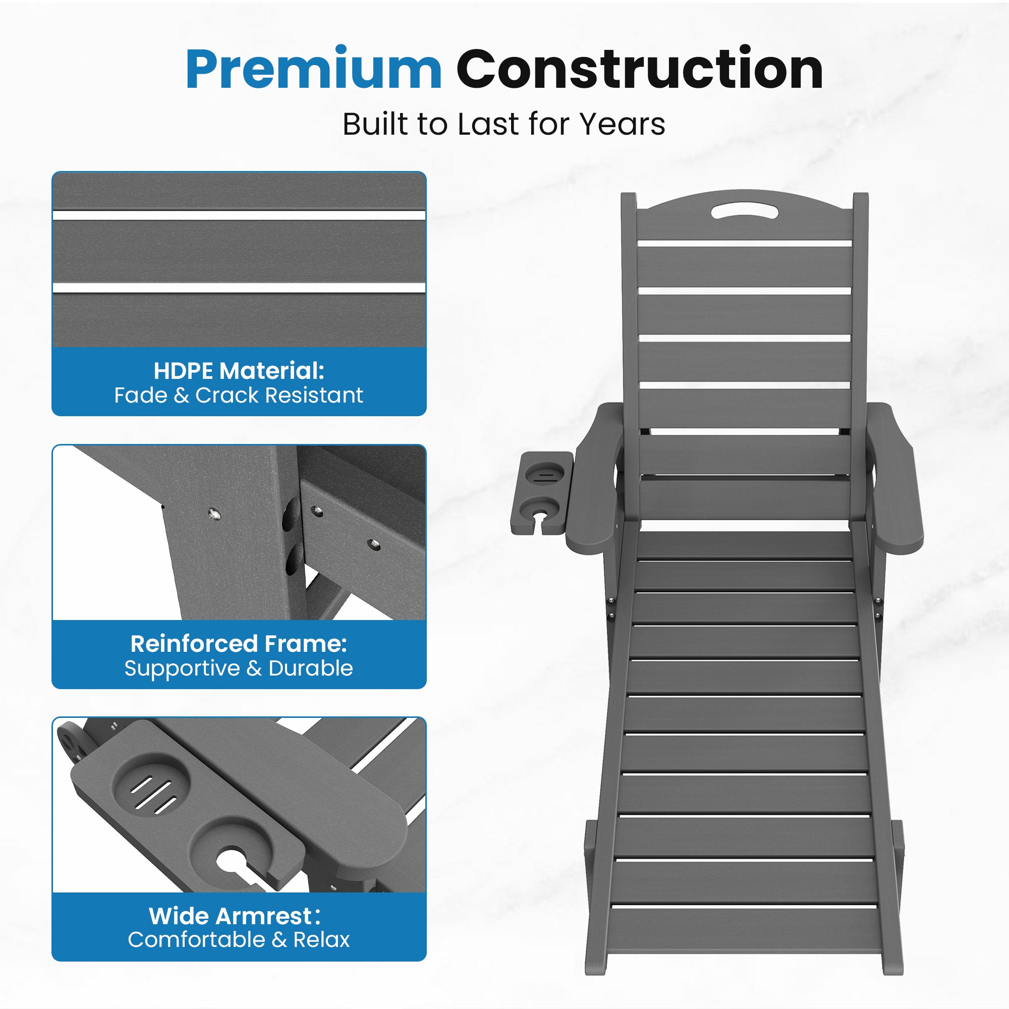 UDPATIO Outdoor Chaise Lounge Chair Set of 2, HDPE Patio Lounge Chairs for Outside with Wheels & Cup Holder, Reclining Seating with 5 Position for Poolside Deck Garden
