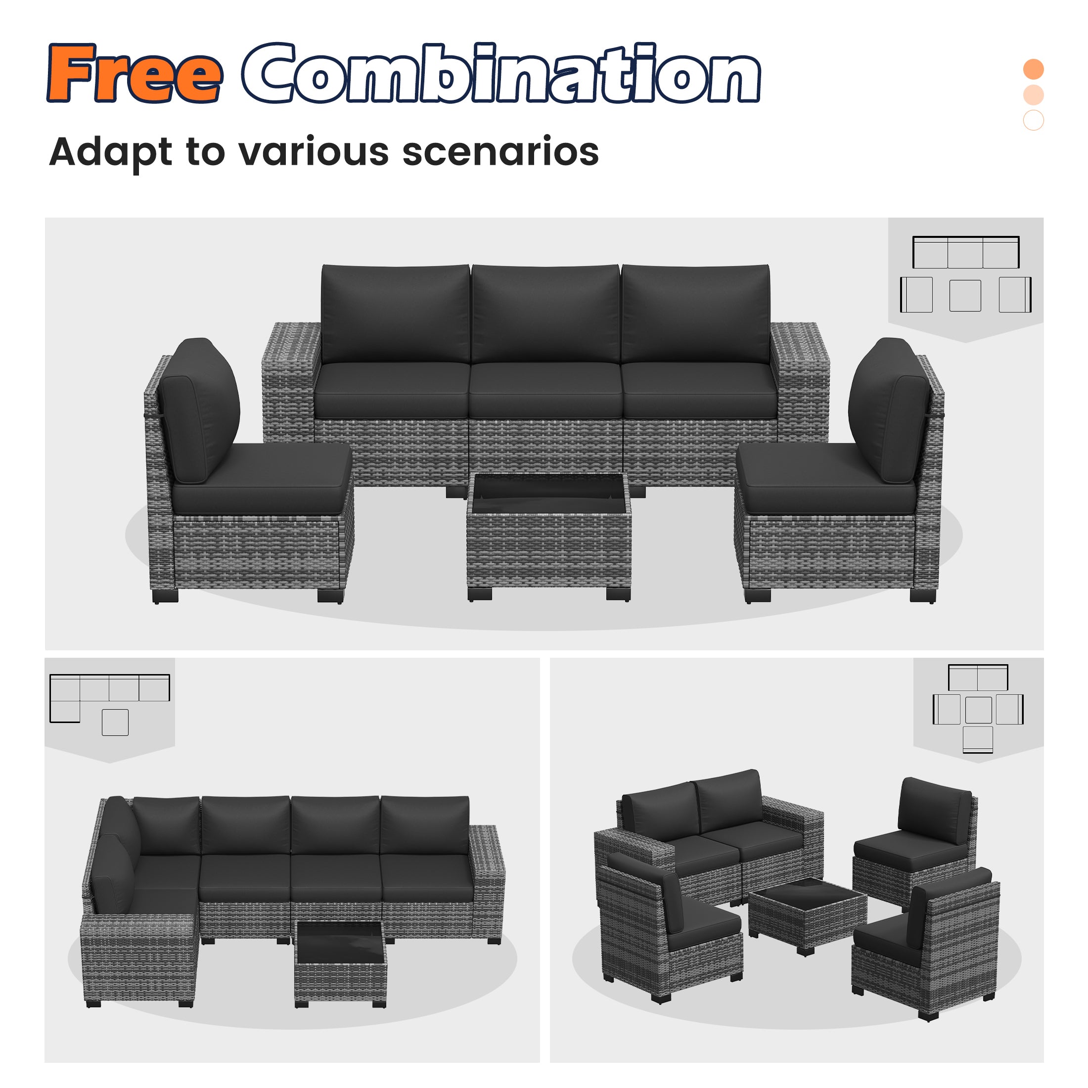 UDPATIO 6-Piece Patio Furniture Set, Outdoor Patio Sofa Set With Wide Armrest, All-Weather Wicker Rattan Guest Set With Cushion And Glass Table And Waterproof Cover, Grey & Black