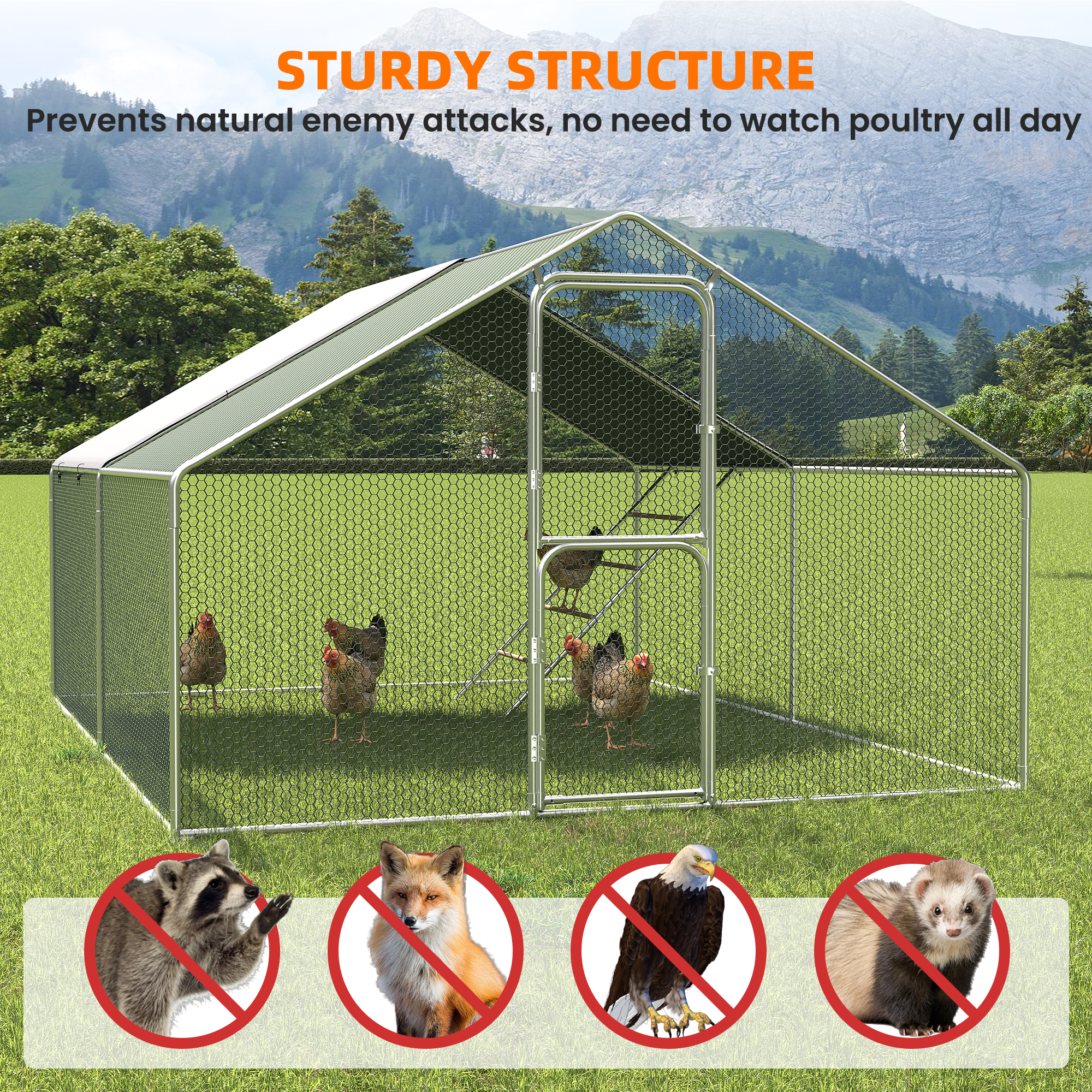 UPDATIO Large Metal Chicken Coop Walk In with Roosting Perch — Heavy-Duty Outdoor Poultry Pen with Protective Cover, Predator-Proof & Weather-Resistant for 15-25 Chickens,12*10*6 FT
