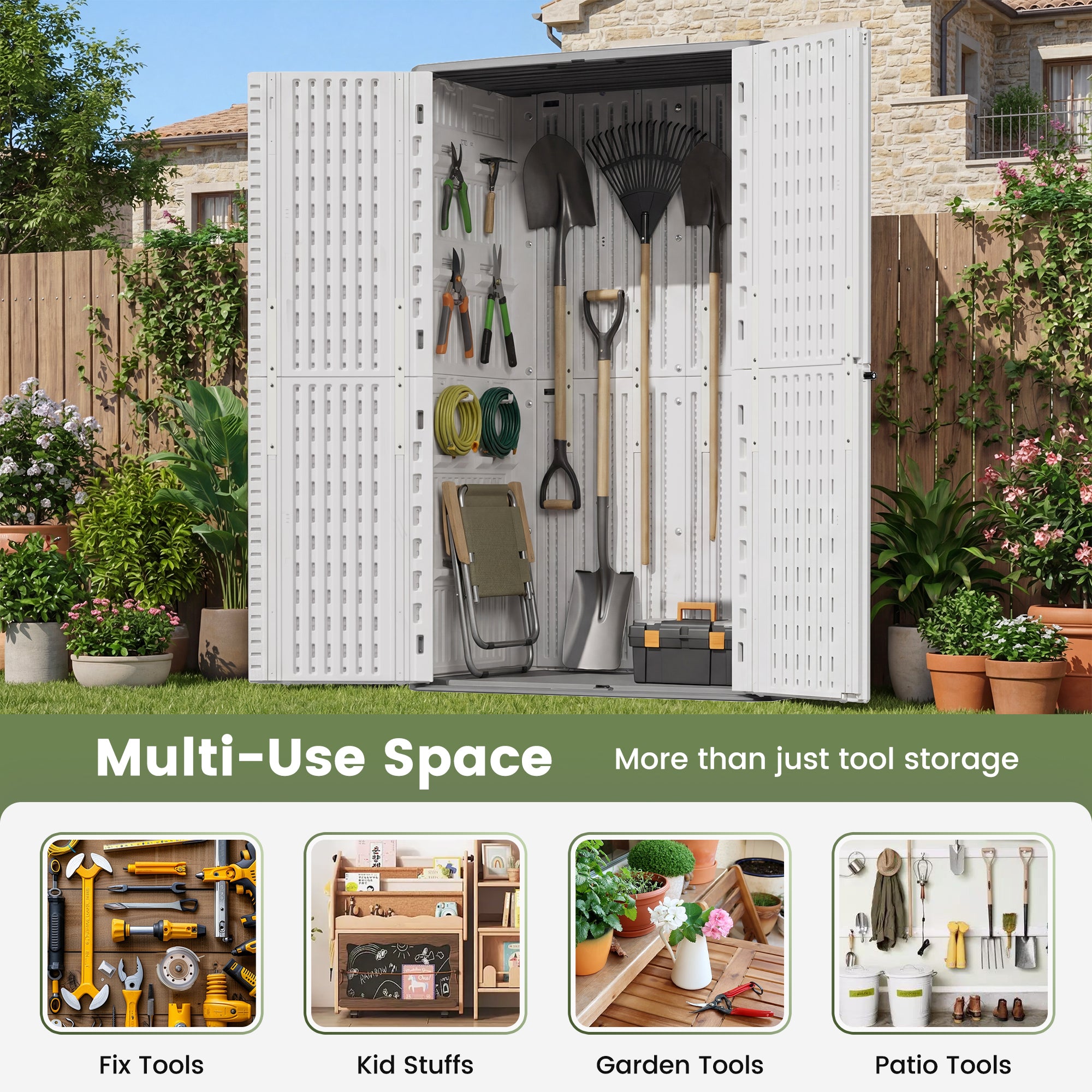UDPATl0 67 Cu.Ft Resin Outdoor Storage Shed, Patio Plastic Vertical Sheds with Floor, Waterproof Bin Shed Horizontal Storage Cabinet for Patio, Backyards, Garden, Pool, Tool Shed