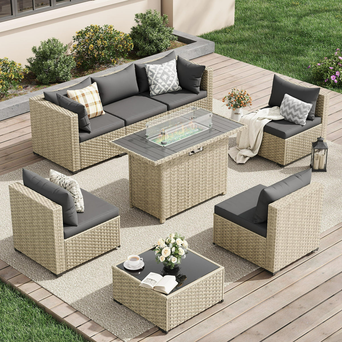 UDPATIO 7 Pieces Outdoor Patio Furniture Set with 44" Fire Pit Table, Outdoor Wicker Patio Conversation Set with Cushions for Backyard, Porch, Garden(Dark Gray)