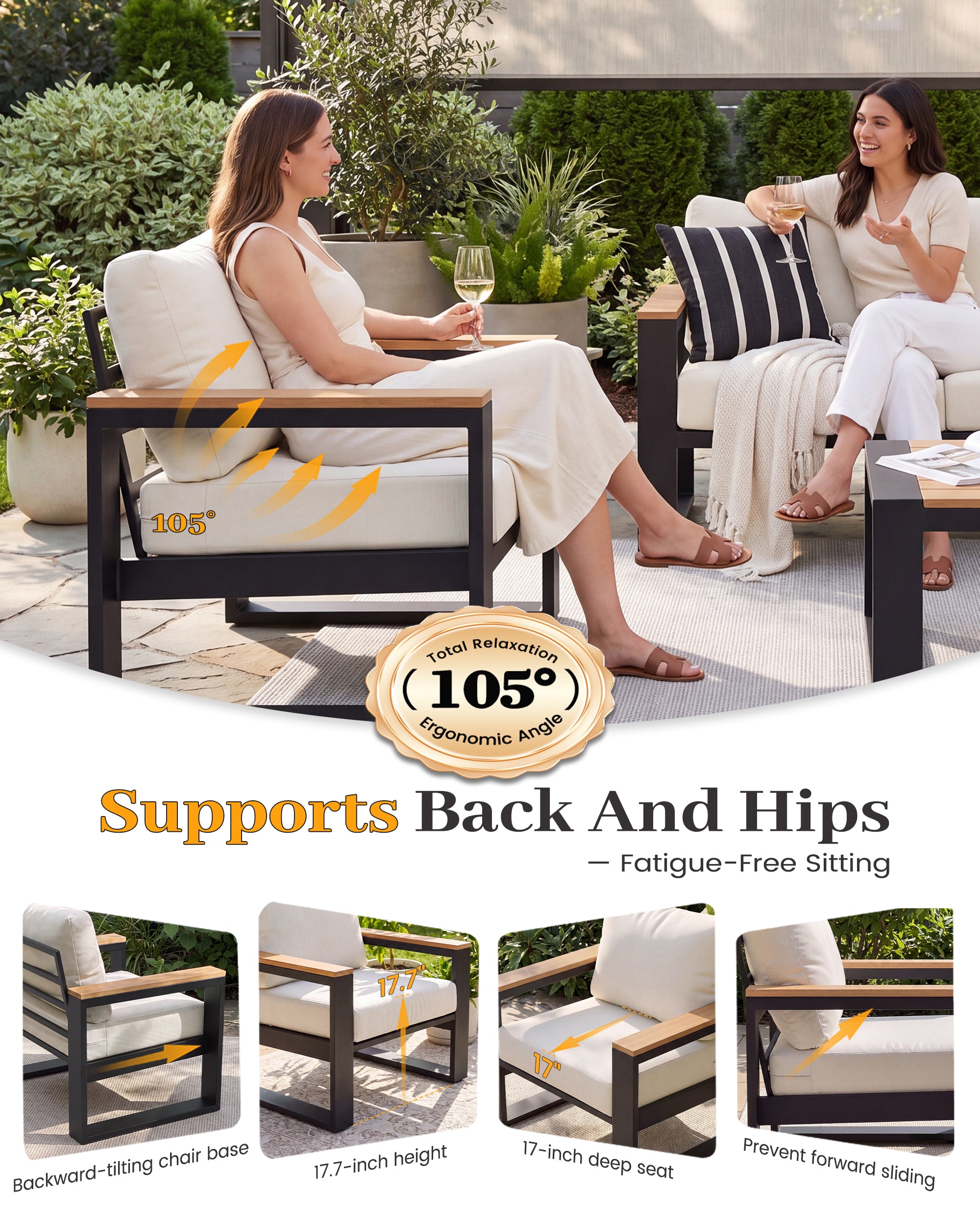 UDPATIO Aluminum Patio Furniture Set 4 Pieces, Ergonomic Backrest