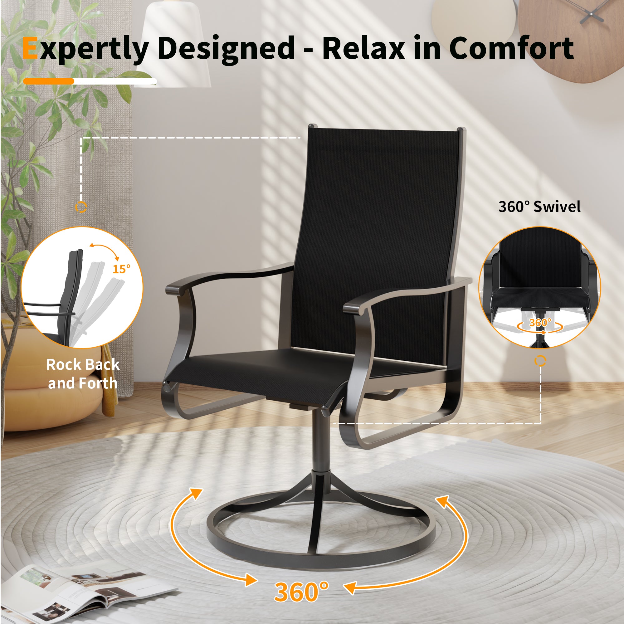 UDPATIO Swivel Patio Chairs Set of 6, Outdoor Swivel Rocker Patio Chairs with High Back, All Weather Textilene & Metal Frame for Backyard, Lawn, Porch, Pooside or Garden, Black