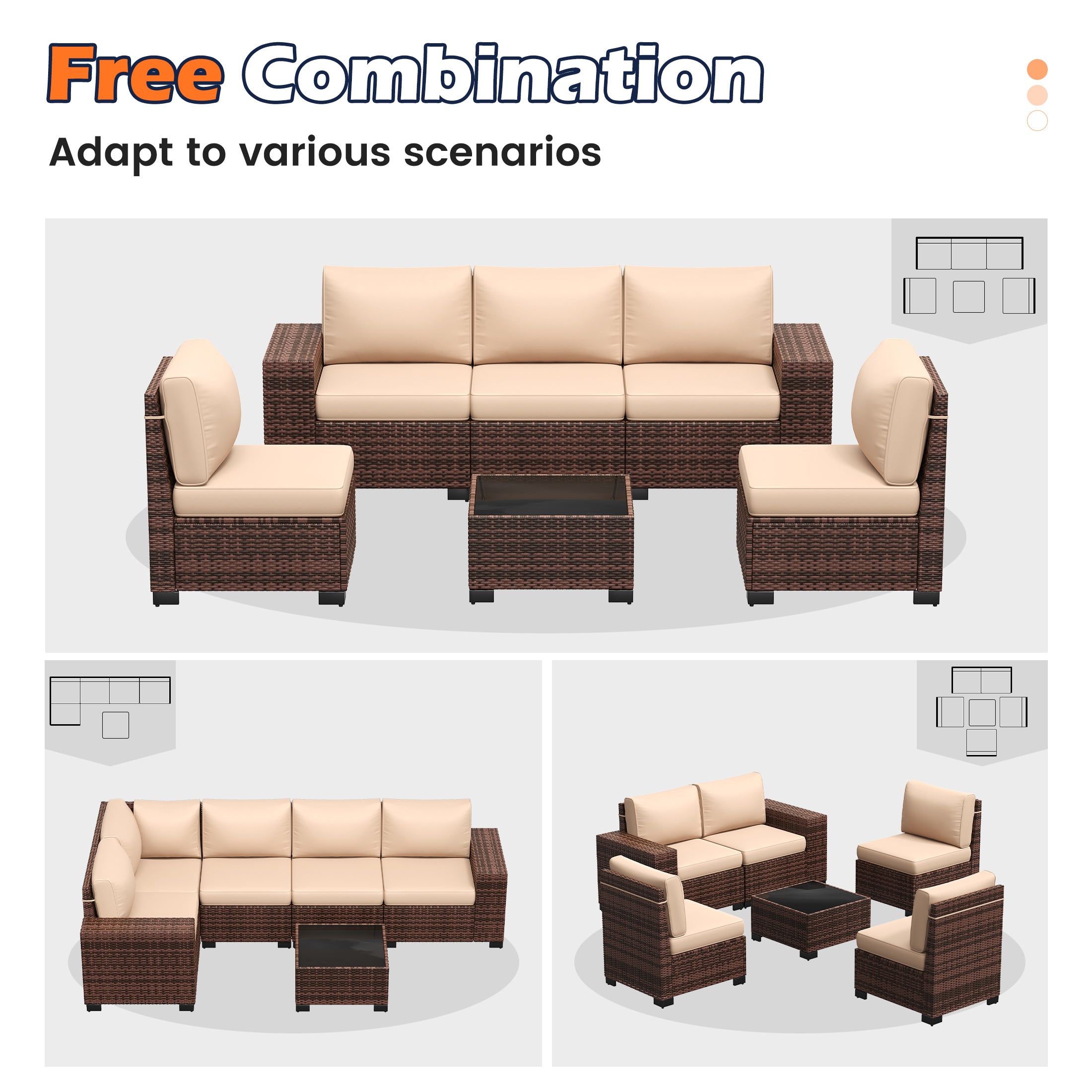 UDPATIO 6-Piece Patio Furniture Set, Outdoor Patio Sofa Set With Wide Armrest, All-Weather Wicker Rattan Guest Set With Cushion And Glass Table And Waterproof Cover, Brown & Khaki