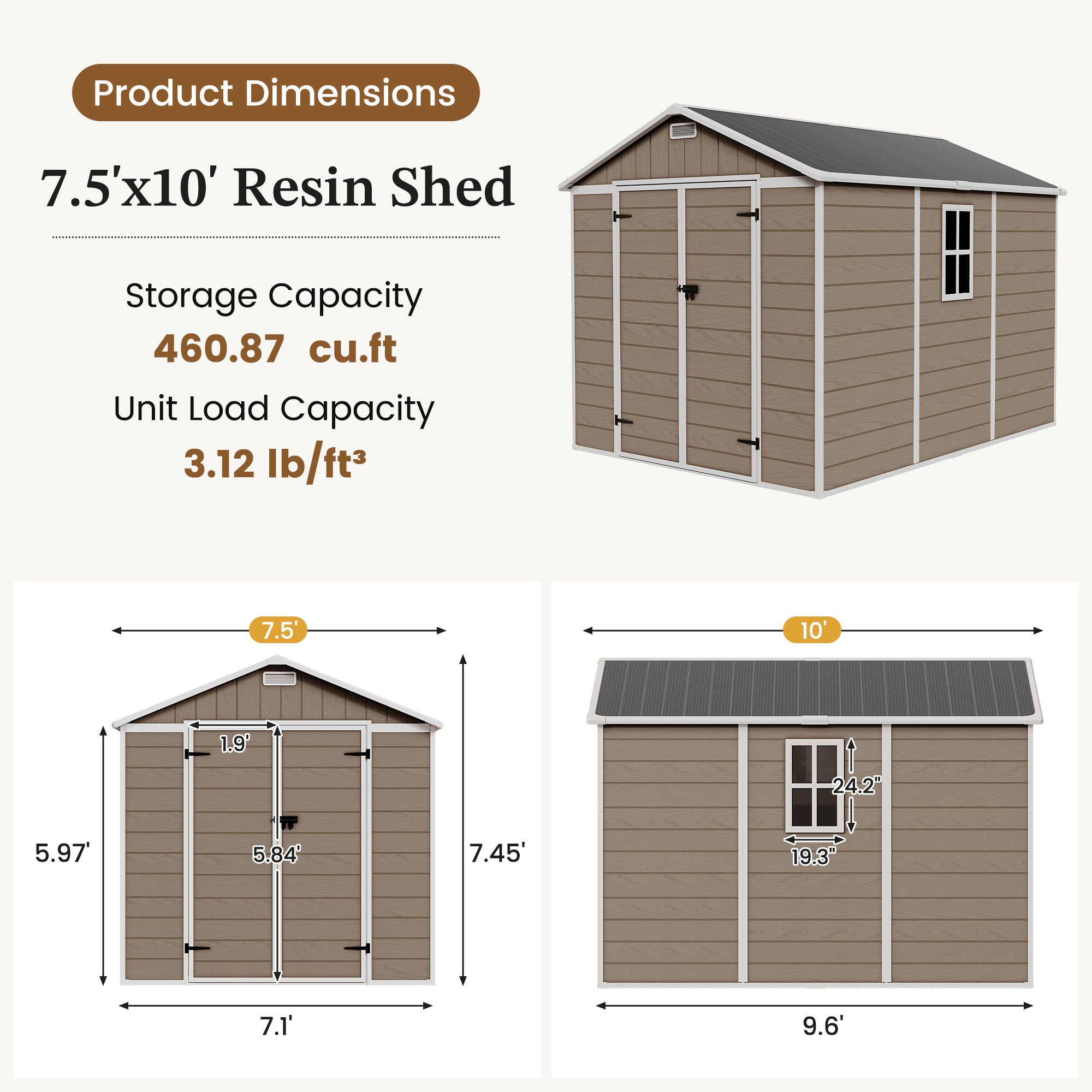 UDPATIO Resin Storage Shed 7.5x10 FT, Outdor Plastic Shed for Garden Tools Pool Equipment, Outside Sheds with Lockable Door for Backyard, Patio, Lawn, Brown