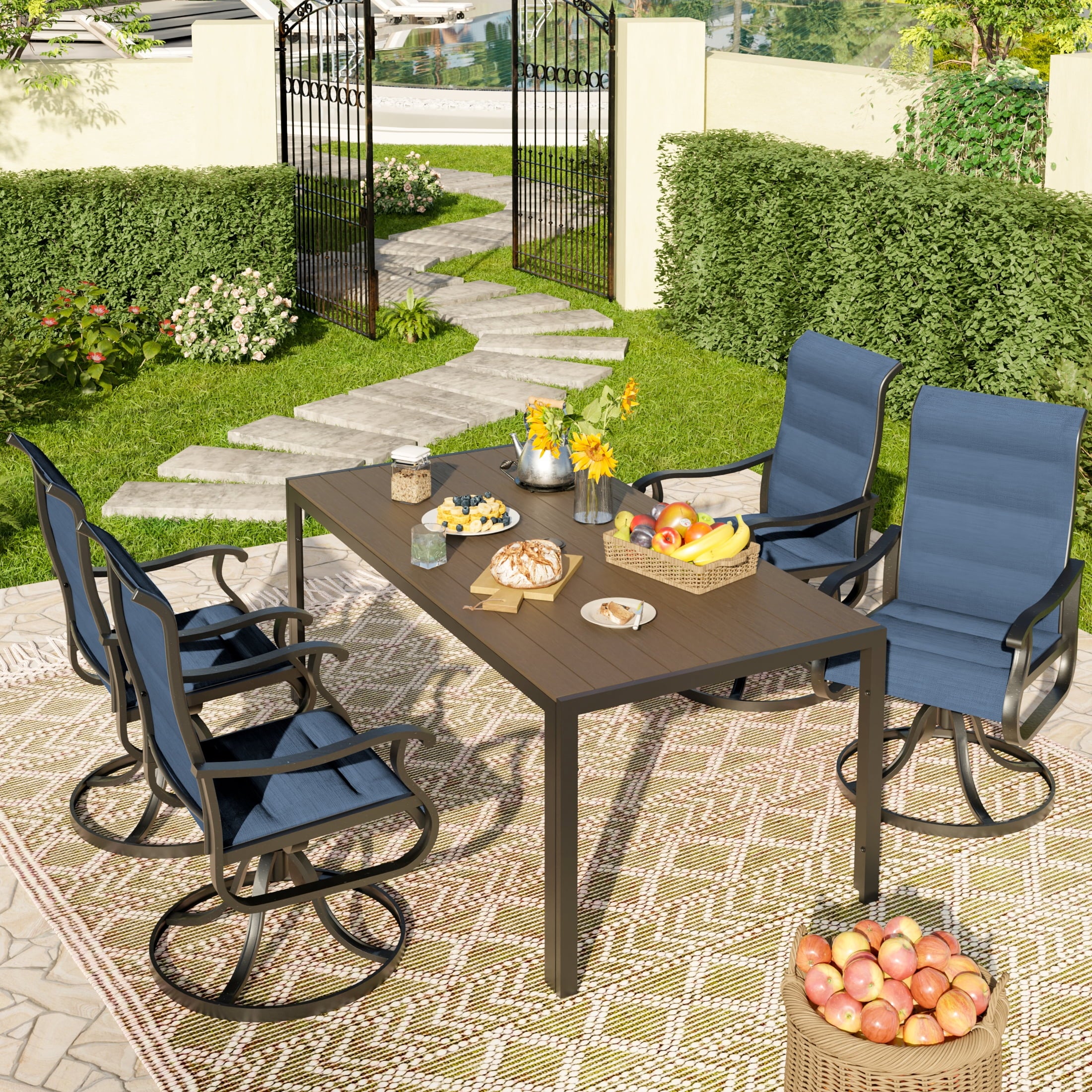 UDPATIO 5-Piece Outdoor Dining Set with High-Back Swivel Padded Chairs & Iron Rectangle Table for 4-Person, Brown & Navy Blue