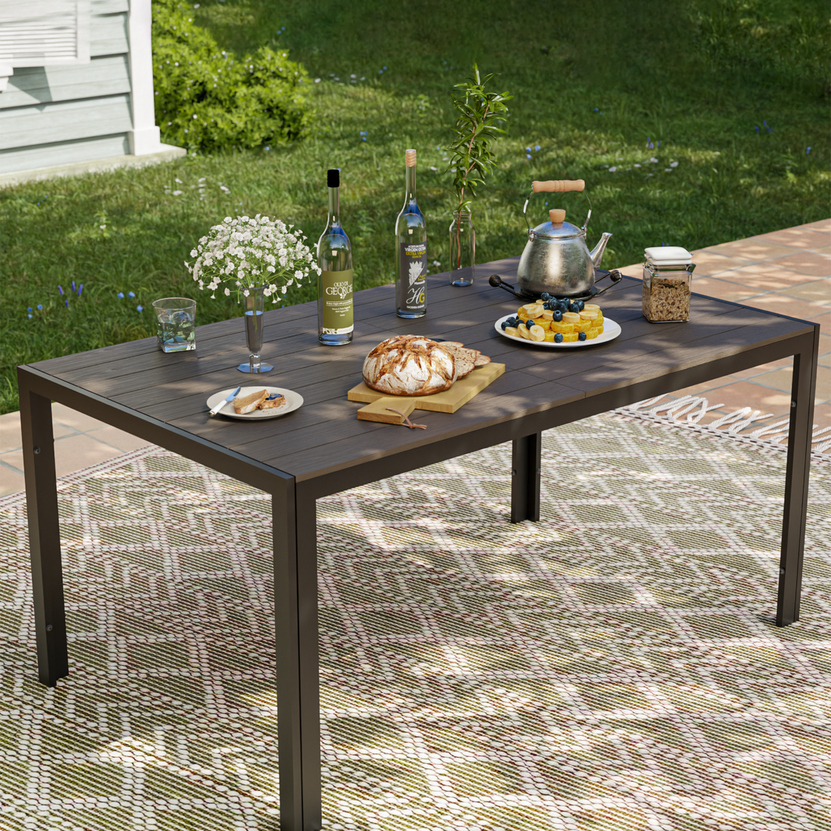 UDPATIO Rectangular Outdoor Dining Table, Outdoor Furniture Garden Table with Umbrella Hole, Black