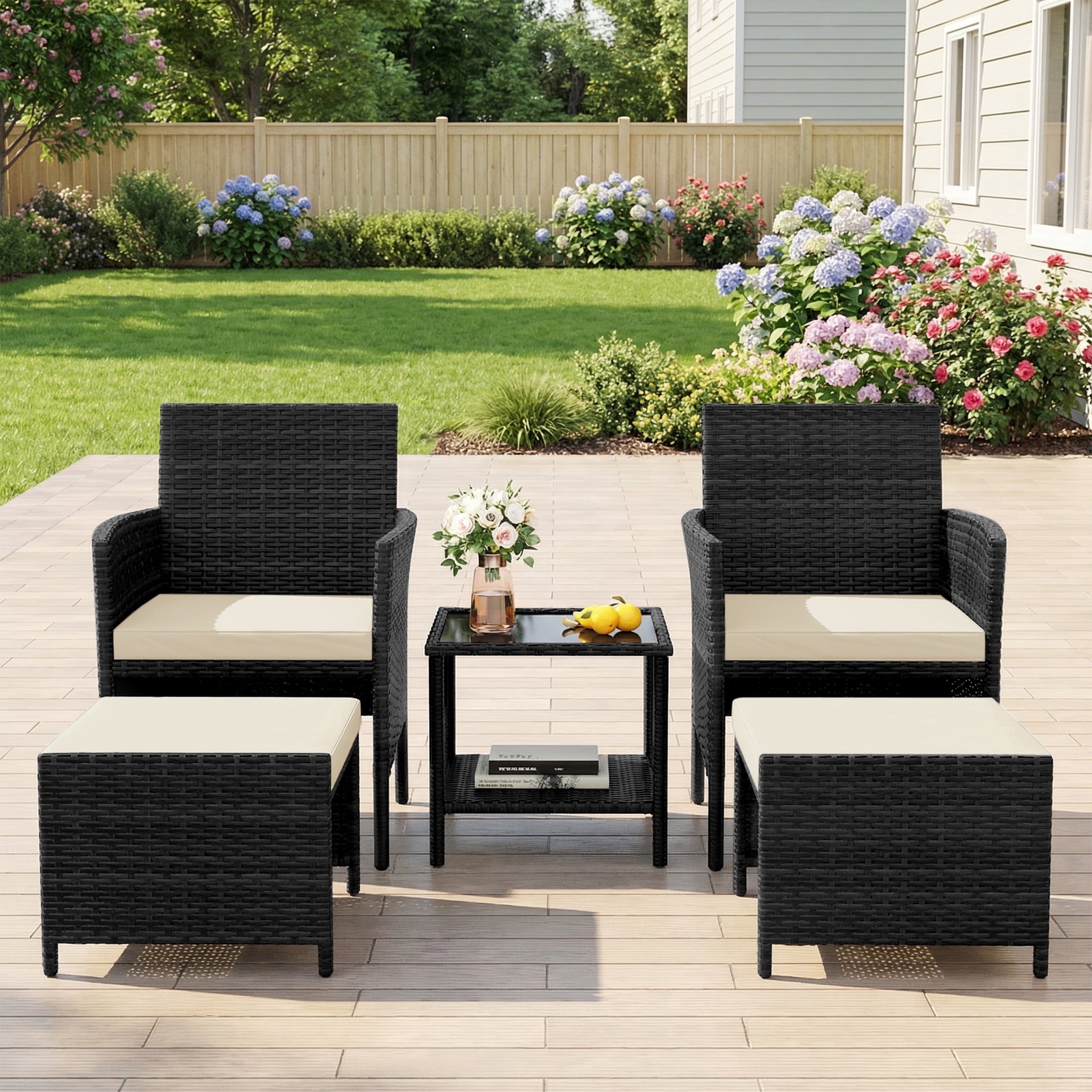 UDPATIO Balcony Furniture 5 Piece Patio Furniture Set, Outdoor Black Wicker Chairs with Ottoman, Beige