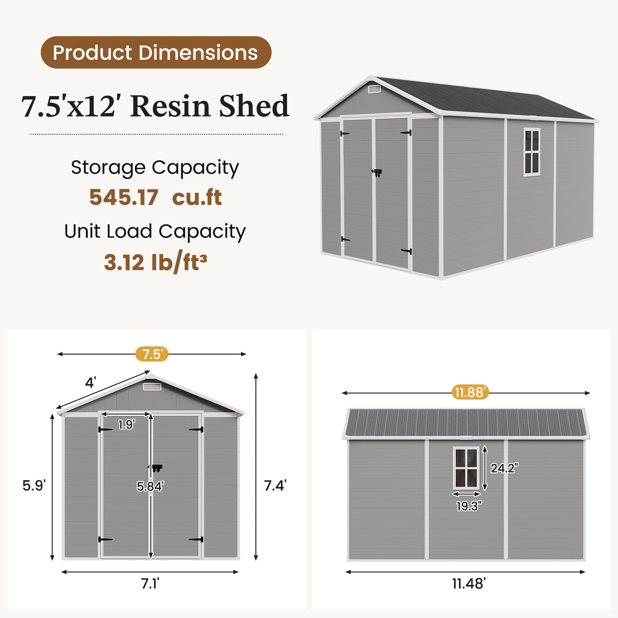 UDPATIO Resin Storage Shed 7.5x12 FT, Outdor Plastic Shed for Garden Tools Pool Equipment, Outside Sheds with Lockable Door for Backyard, Patio, Lawn, Grey & White