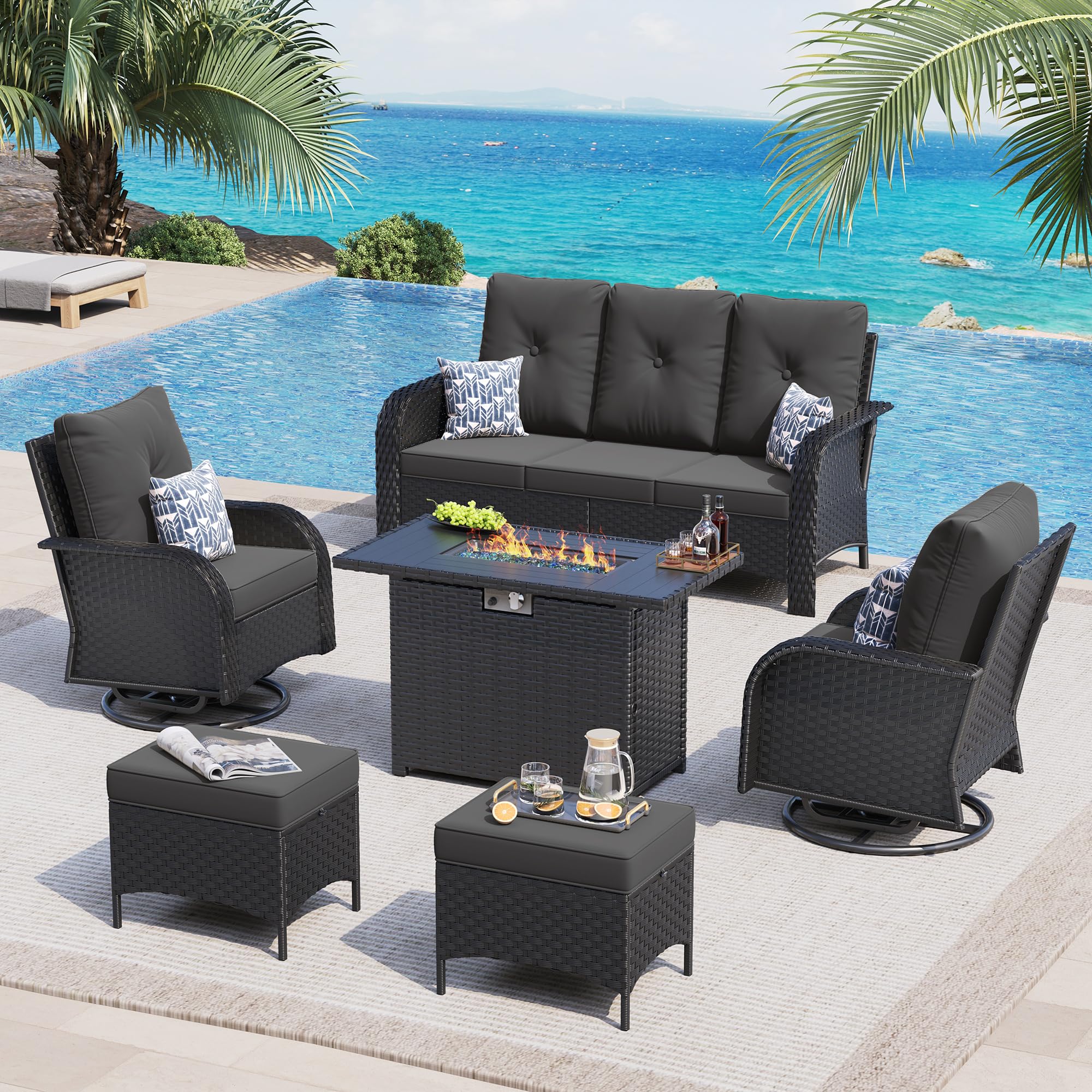 UDPATIO Patio Furniture Set with 44" Fire Pit Table, High Back 2 Swivel Rocker Chairs, Wicker Outdoor Conversation Sets with Thick Cushions & Ottoman, for Garden, Porch