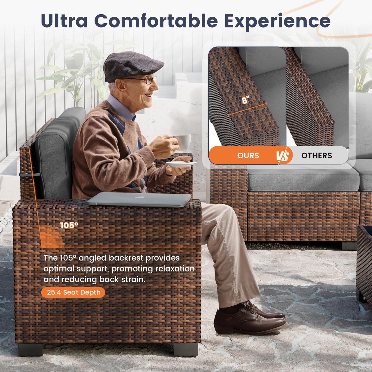 UDPATIO Outdoor Patio Furniture Set, Wicker Sectional Sofa, 8" Wide Armrest