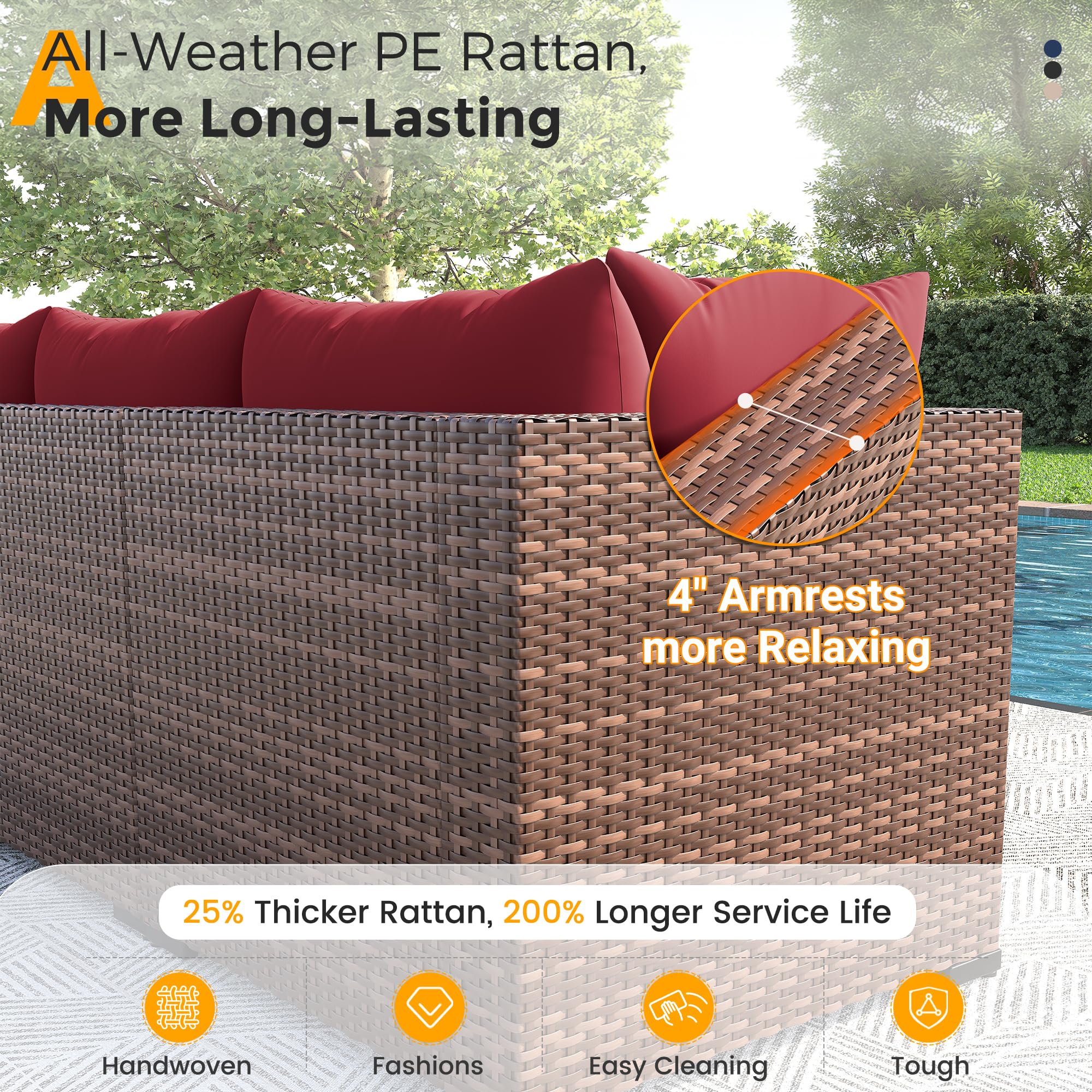 UDPATIO Patio Furniture Set, 7 Piece Outdoor Sectional Sofas with Wicker Coffee Table, Outdoor Patio Conversation Set for Garden, Backyard Wine