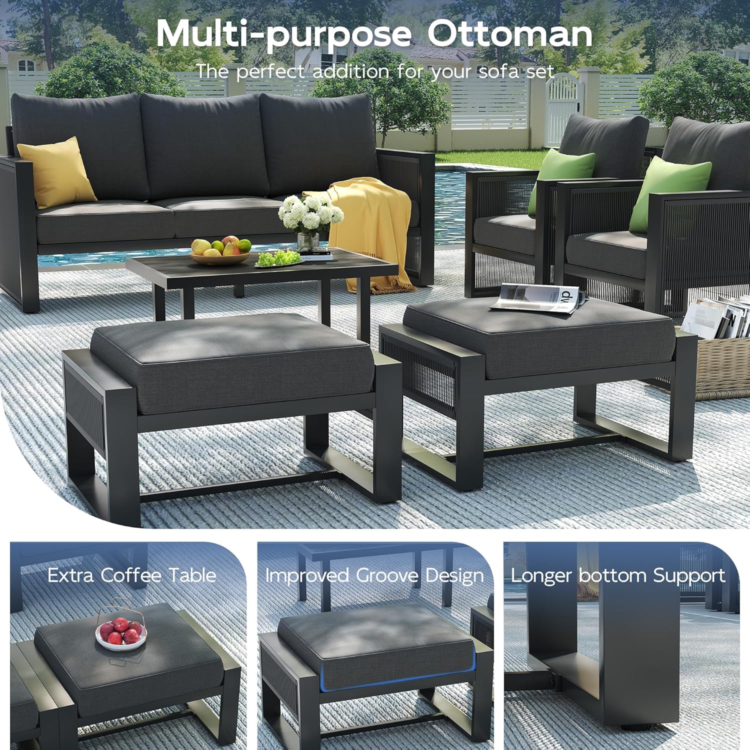 UDPATIO Aluminum Outdoor Patio Furniture Set with Coffee Table, 4 Piece Modern Patio Furniture Set, Patio Conversation Sets with Thickend Cushions and PE Rope, for Porch, Balcony, Light Grey/Beige