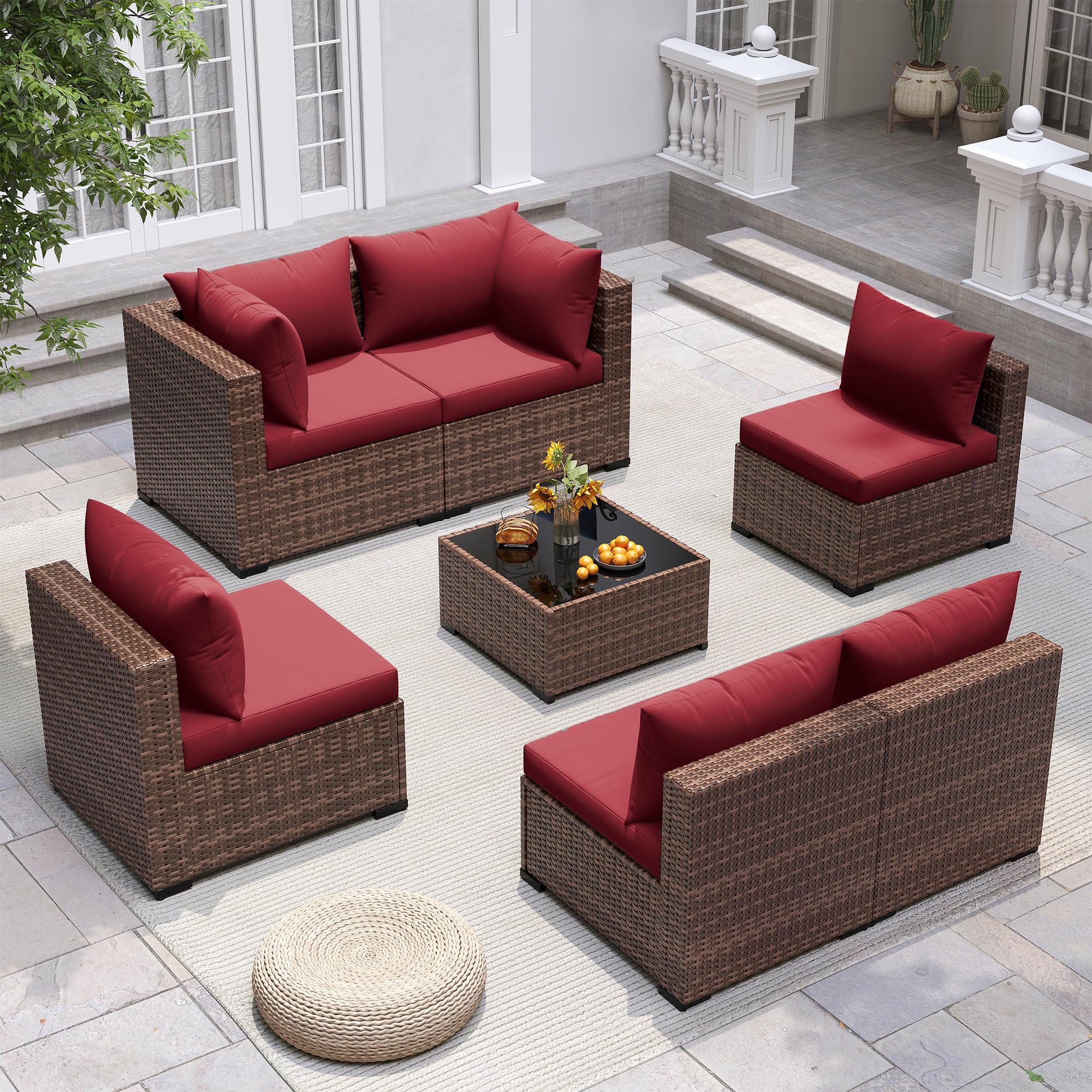 UDPATIO Patio Furniture Set, 7 Piece Outdoor Sectional Sofas with Wicker Coffee Table, Outdoor Patio Conversation Set for Garden, Backyard Wine