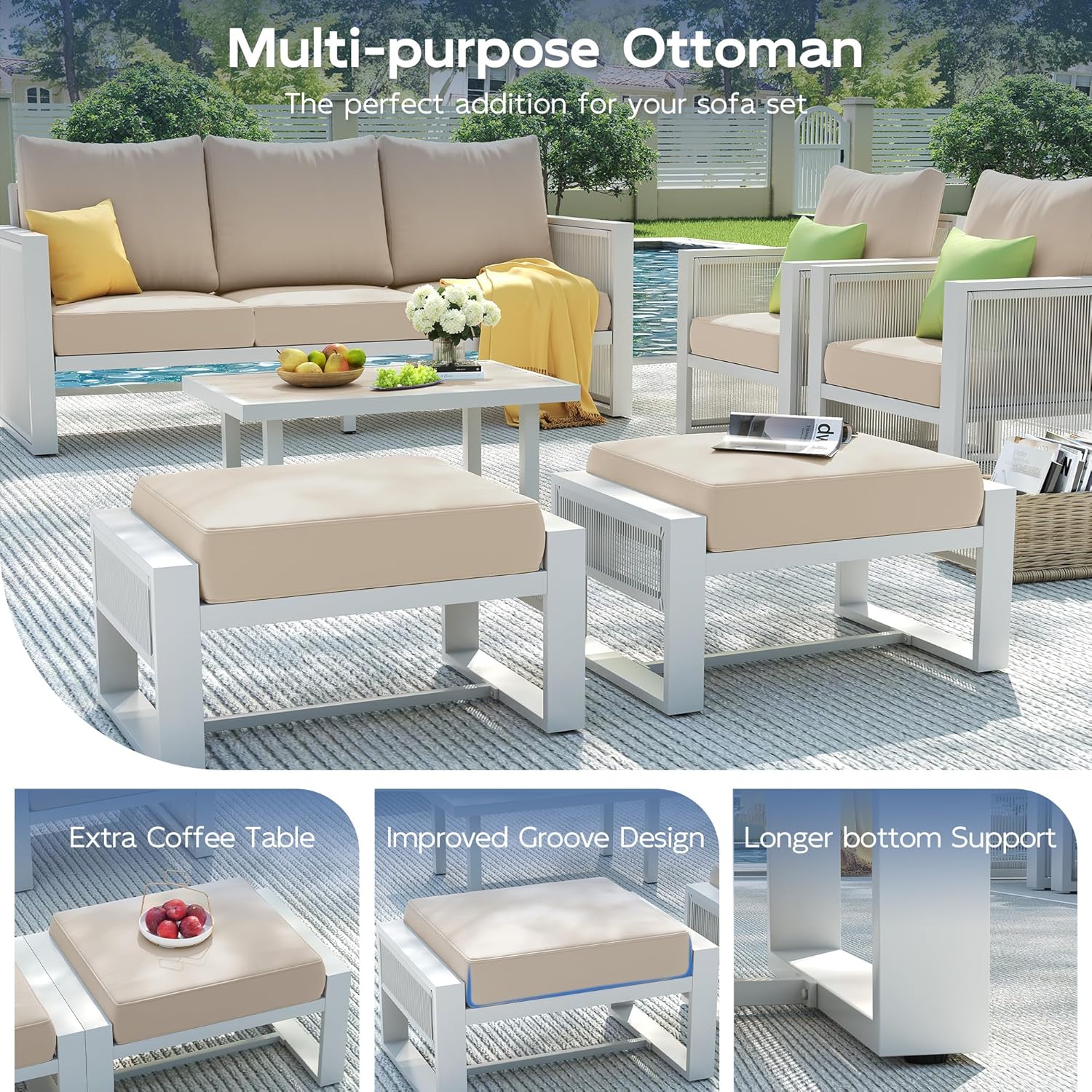 UDPATIO Aluminum Outdoor Patio Furniture Set with Ottoman, 5 Piece Modern Patio Furniture Set, PE Rope Patio Conversation Sets with Thickend Cushions, for Garden, Porch, Balcony, Light Grey/Beige