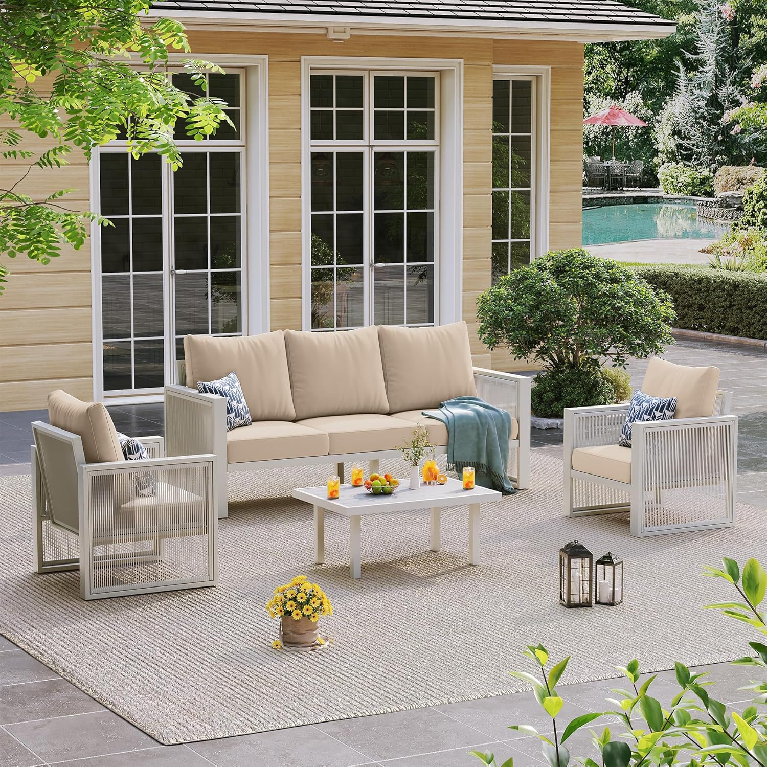 UDPATIO Aluminum Outdoor Patio Furniture Set with Coffee Table, 4 Piece Modern Patio Furniture Set, Patio Conversation Sets with Thickend Cushions and PE Rope, for Porch, Balcony, Light Grey/Beige