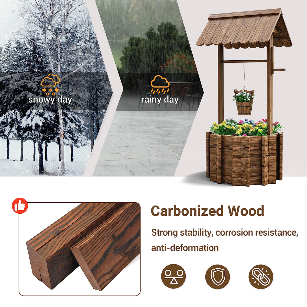UDPATIO Wishing Wells for Outside, Wooden Wishing Well Planter for Yard, Upgrade Wishing Well with 4 Reinforced Rod & Hanging Bucket for Garden Patio Lawn Backyard Home Decor