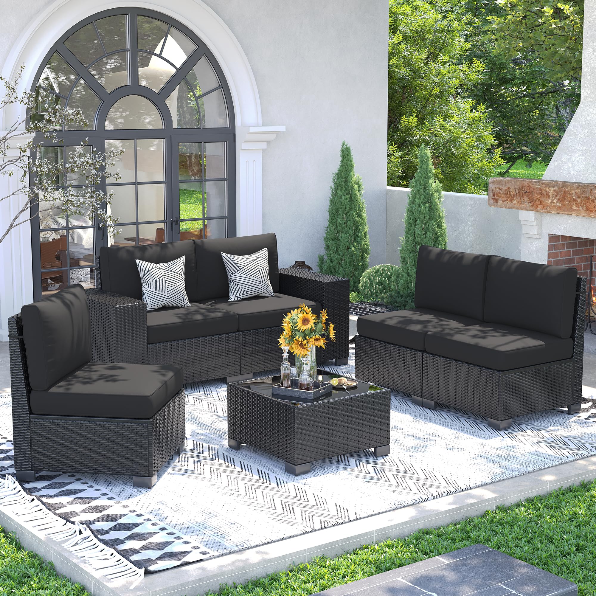 UDPATIO 6 Piece Patio Furniture Set, Outdoor Wicker Sectional Sofa with 8'' Wide Armrests, Modular Patio Conversation Set with Coffee Table for Backyard, Deck, Garden