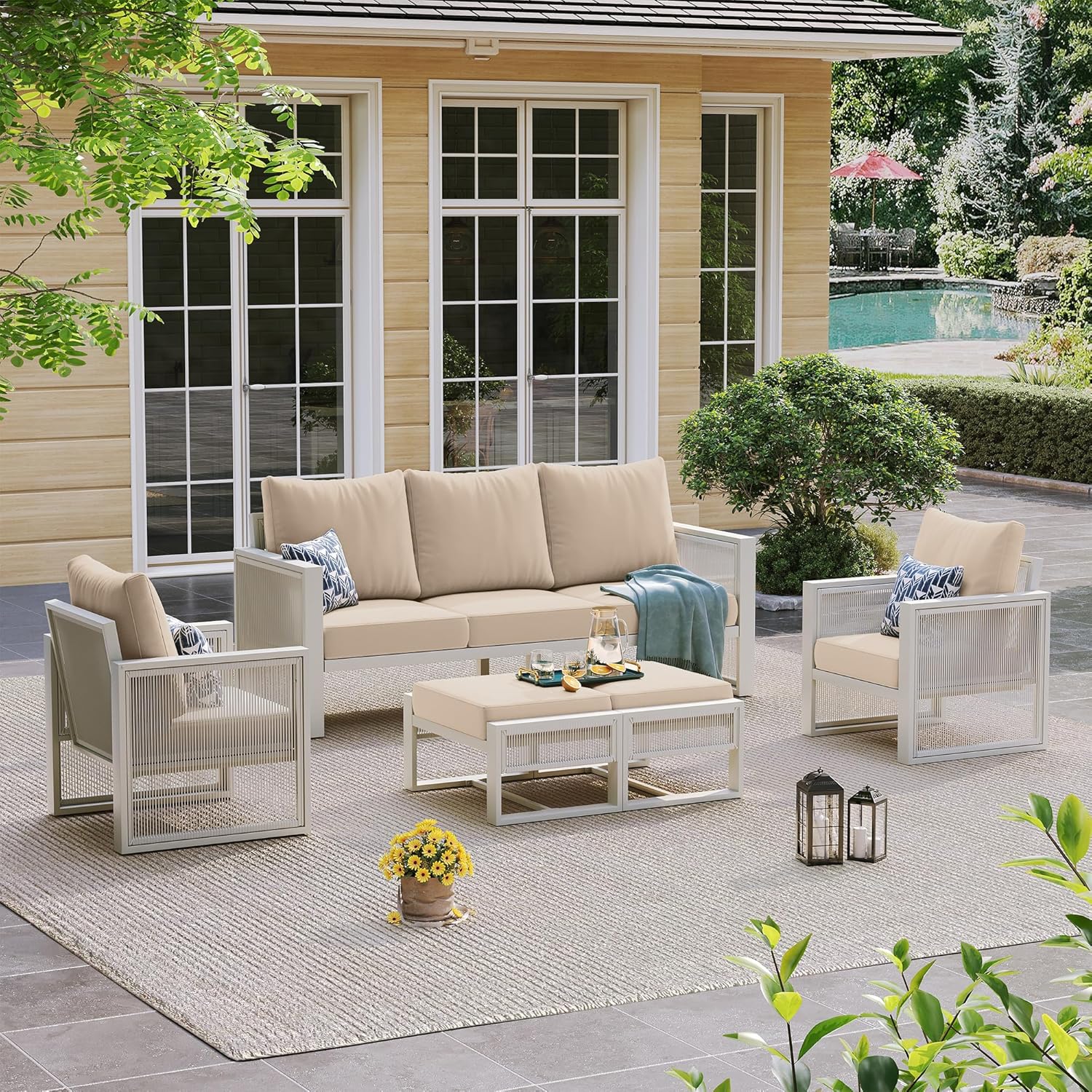 UDPATIO Aluminum Outdoor Patio Furniture Set with Ottoman, 5 Piece Modern Patio Furniture Set, PE Rope Patio Conversation Sets with Thickend Cushions, for Garden, Porch, Balcony, Light Grey/Beige