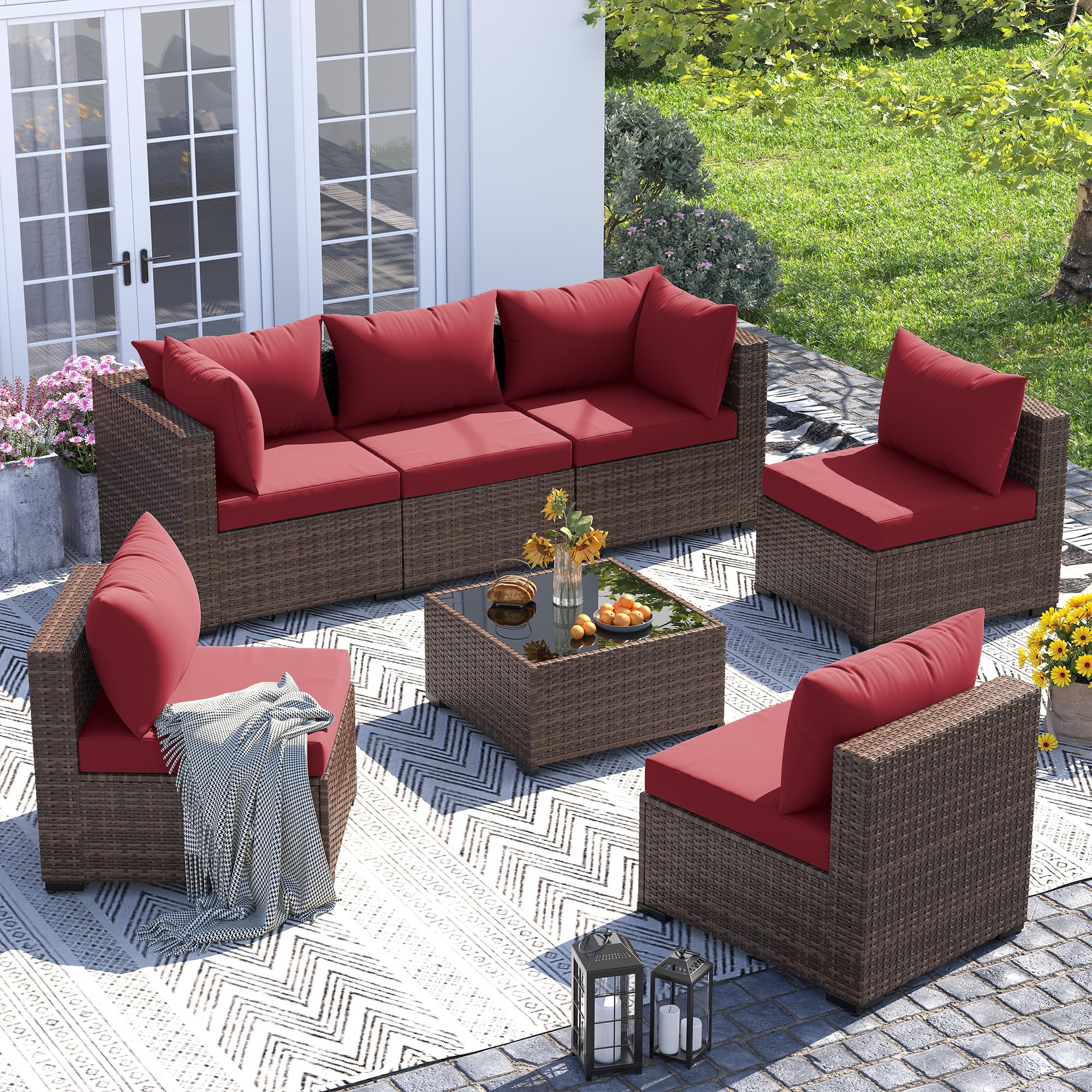UDPATIO Patio Furniture Set, 7 Piece Outdoor Sectional Sofas with Wicker Coffee Table, Outdoor Patio Conversation Set for Garden, Backyard Wine
