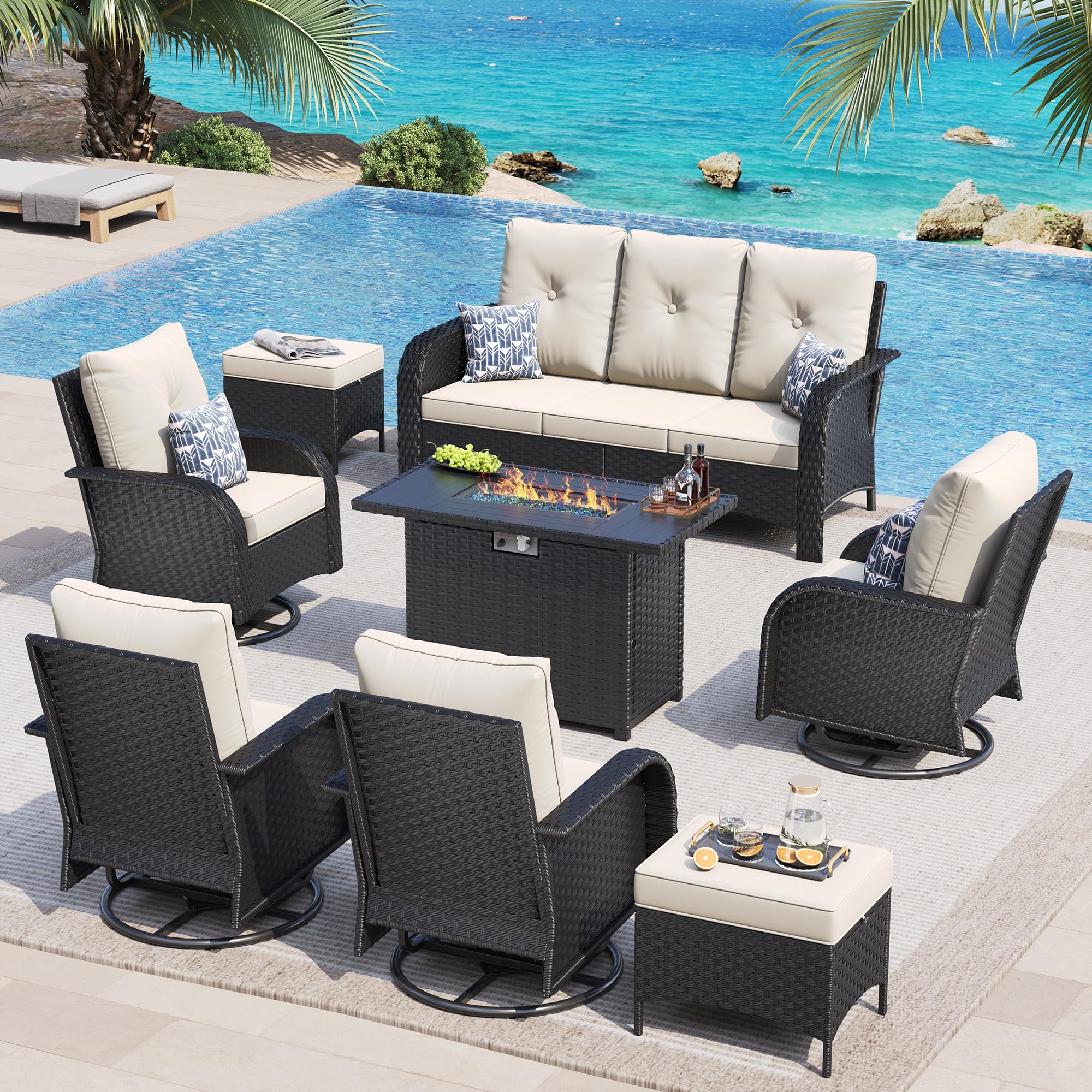 UDPATIO Patio Furniture Set with 44" Fire Pit Table, High Back 4 Swivel Rocker Chairs, Wicker Outdoor Conversation Sets with Thick Cushions & Ottoman, for Garden, Porch