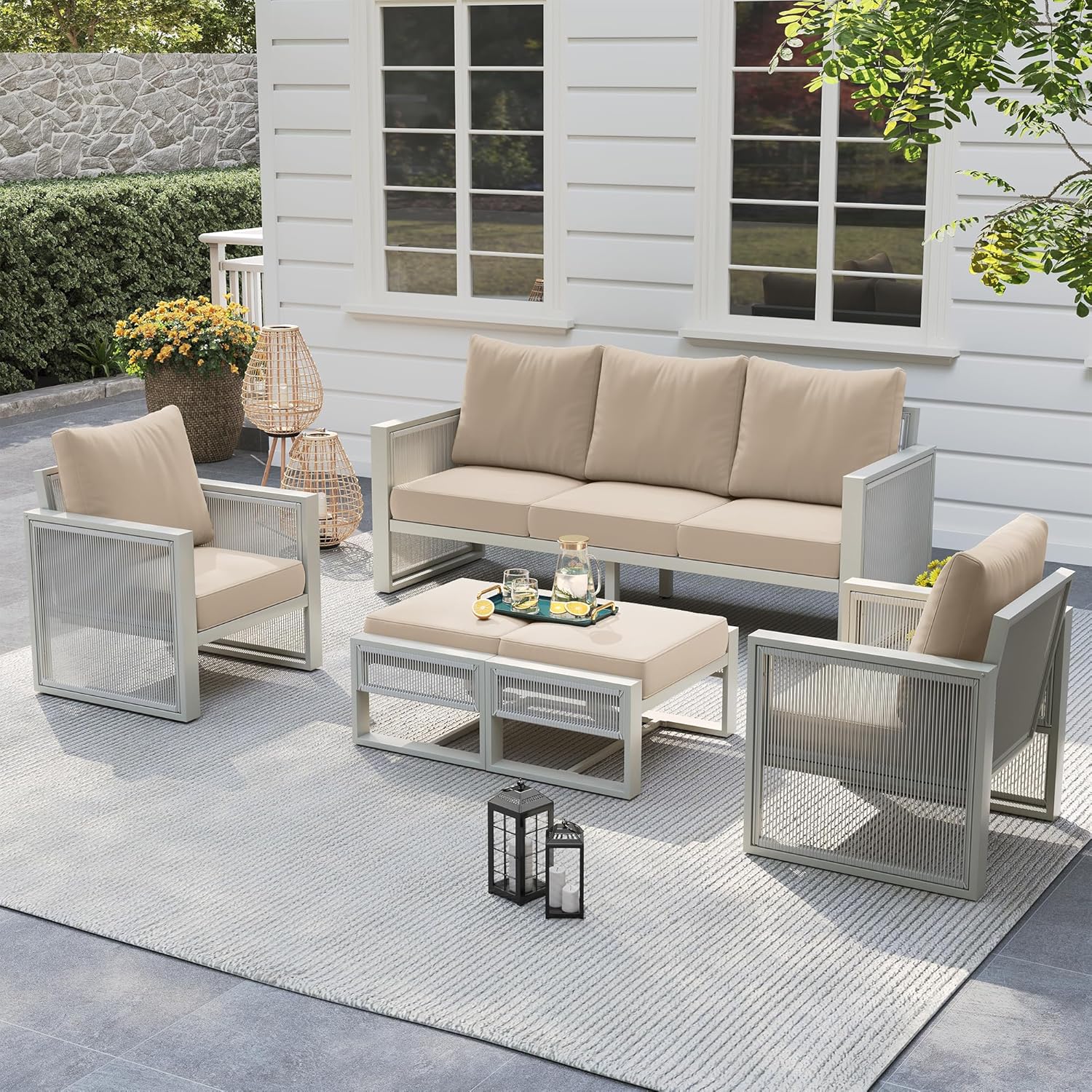 UDPATIO Aluminum Outdoor Patio Furniture Set with Ottoman, 5 Piece Modern Patio Furniture Set, PE Rope Patio Conversation Sets with Thickend Cushions, for Garden, Porch, Balcony, Light Grey/Beige