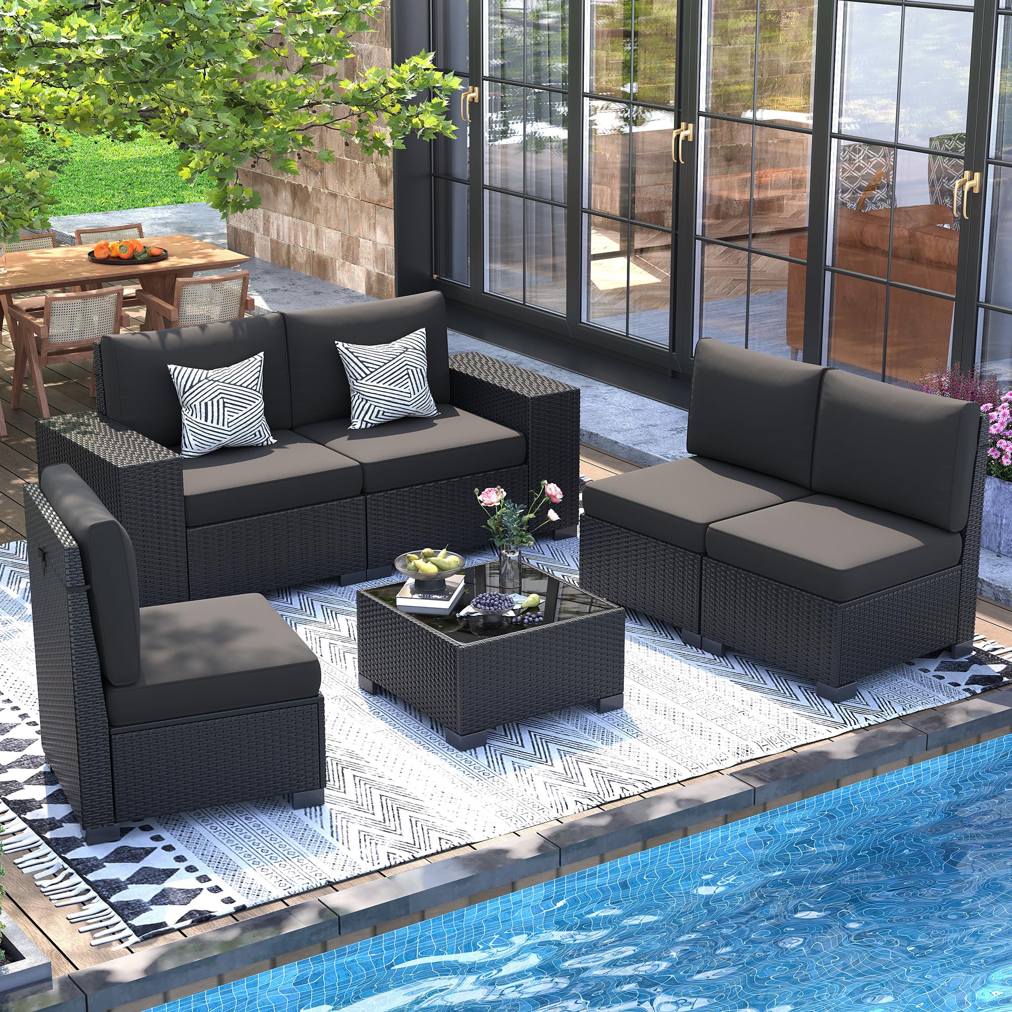 UDPATIO 6 Piece Patio Furniture Set, Outdoor Wicker Sectional Sofa with 8'' Wide Armrests, Modular Patio Conversation Set with Coffee Table for Backyard, Deck, Garden