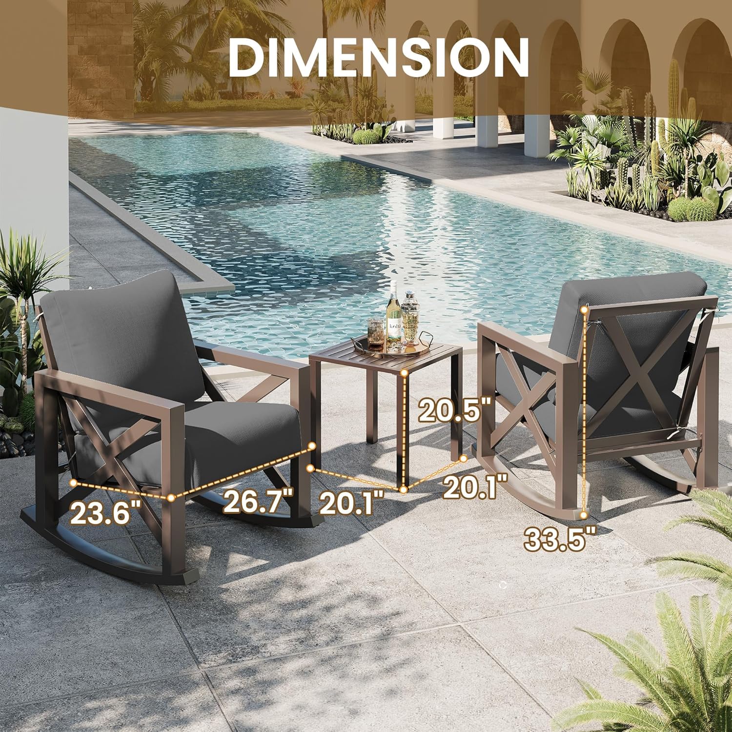 UDPATIO Rocking Chair Outdoor Set 2 with Coffee Table, 3 Piece Metal Rocking Bistro Set with 6.5" Water-Resistant Cushions, Oversized, 350lbs Heavy-Duty, for Porch, Patio, Balcony