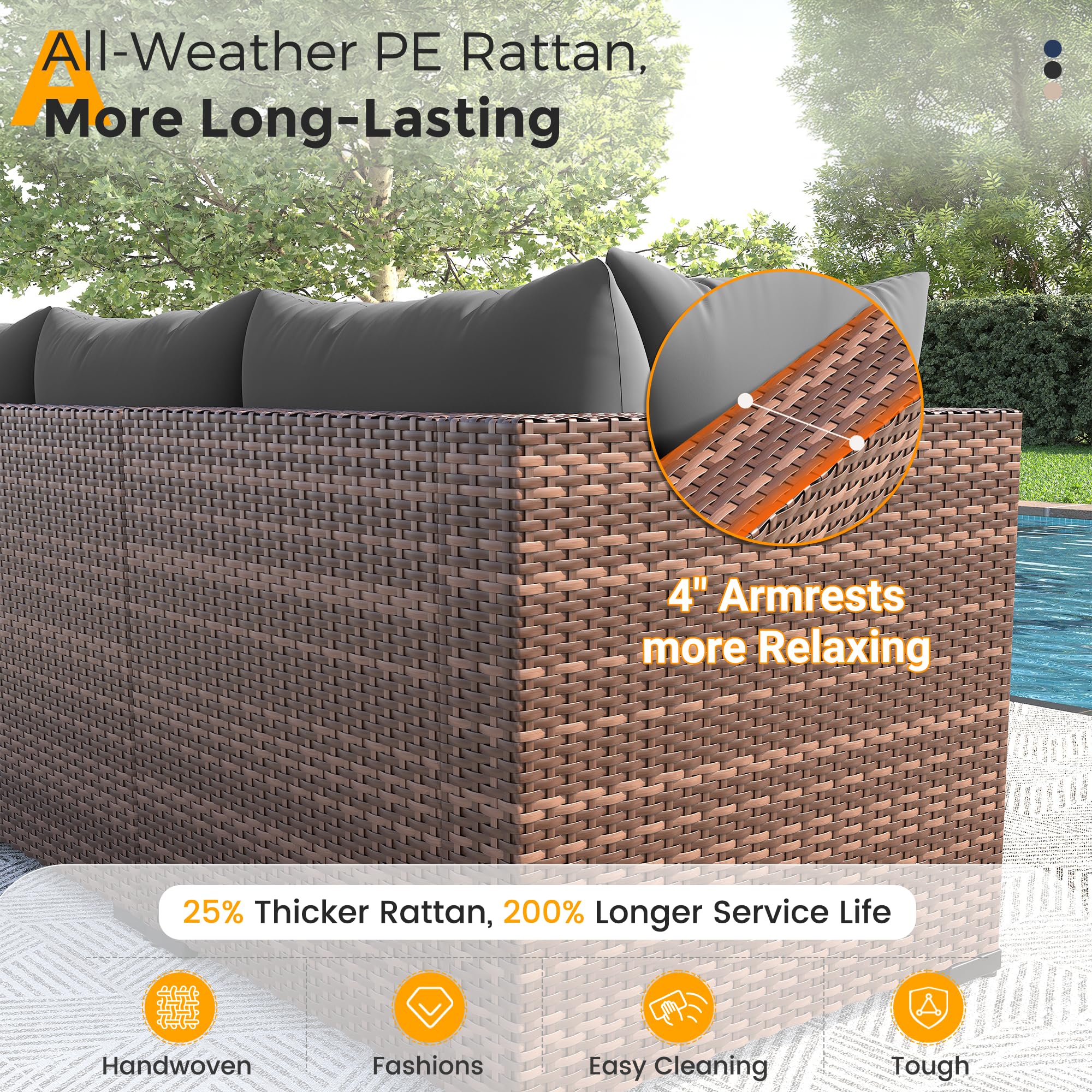 UDPATIO Furniture Set, 7 Piece Sectional Sofas with Wicker Coffee Table, Conversation for Garden, Backyard, Dark Grey