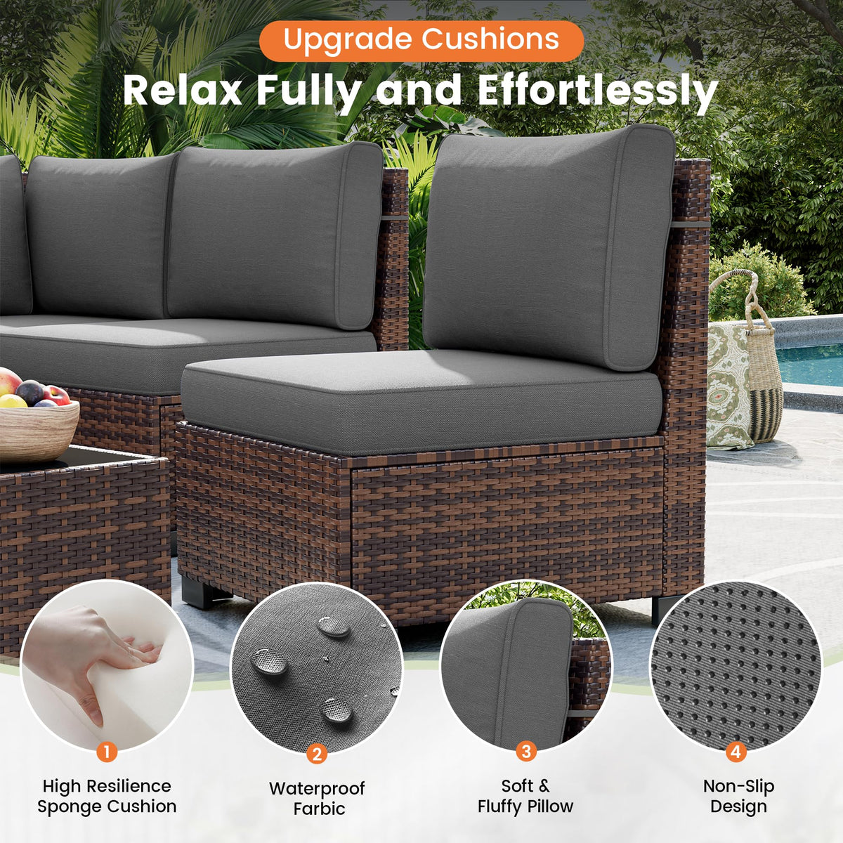 UDPATIO Outdoor Patio Furniture Set, Wicker Sectional Sofa, 8" Wide Armrest