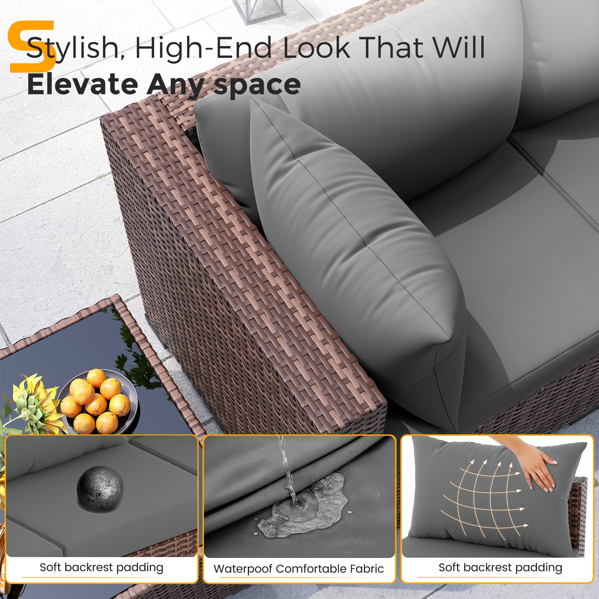 UDPATIO Furniture Set, 7 Piece Sectional Sofas with Wicker Coffee Table, Conversation for Garden, Backyard, Dark Grey