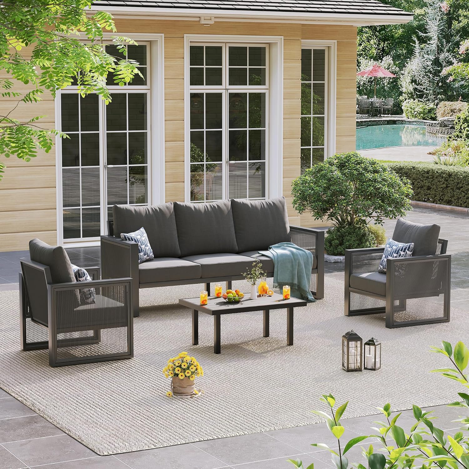 UDPATIO Aluminum Outdoor Patio Furniture Set with Coffee Table, 4-Piece Modern Patio Sectional furniture set, PE Rope Patiio Conversation Set with Thickend Cushions, for Porch/Backyard/Deck, Dark Grey