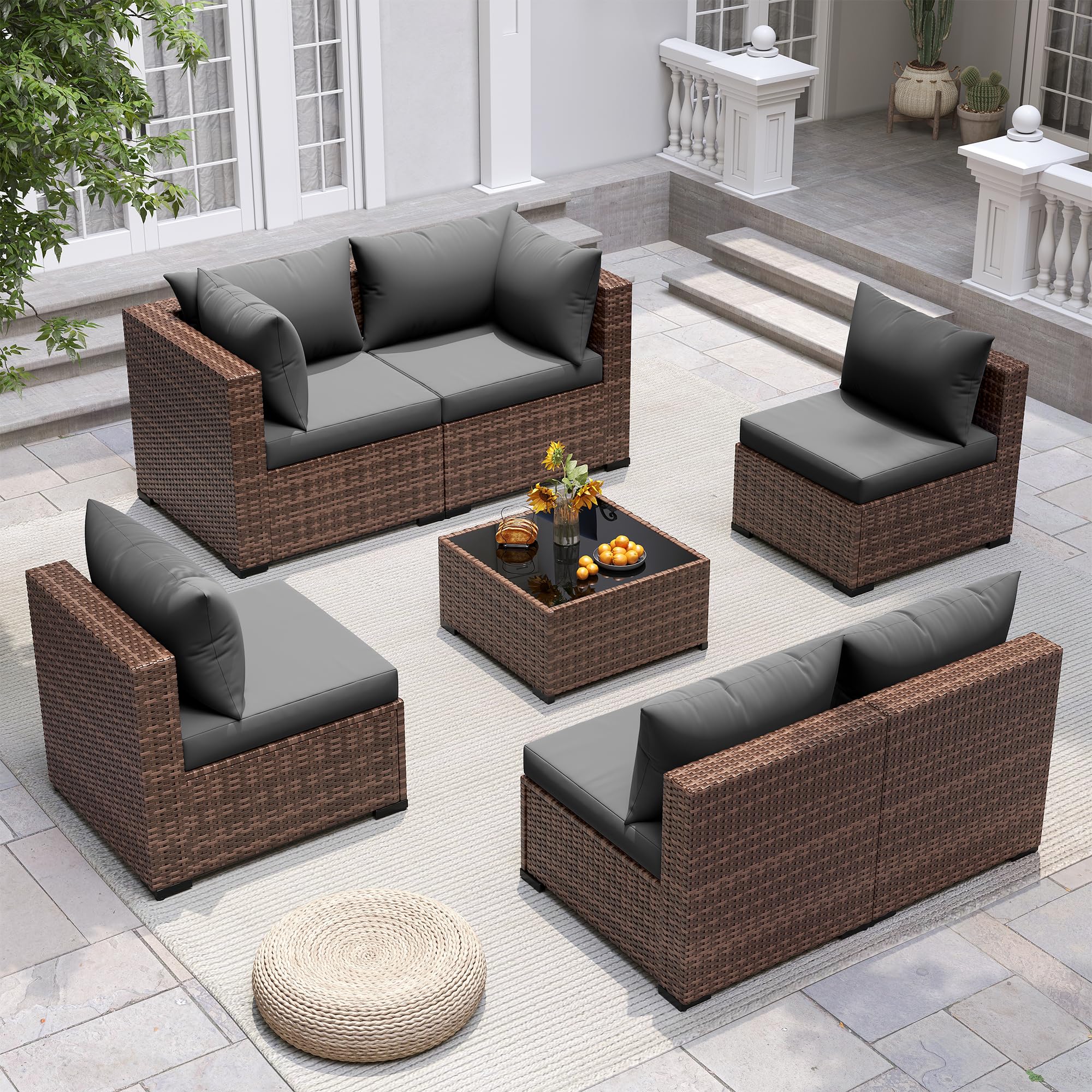 UDPATIO Furniture Set, 7 Piece Sectional Sofas with Wicker Coffee Table, Conversation for Garden, Backyard, Dark Grey