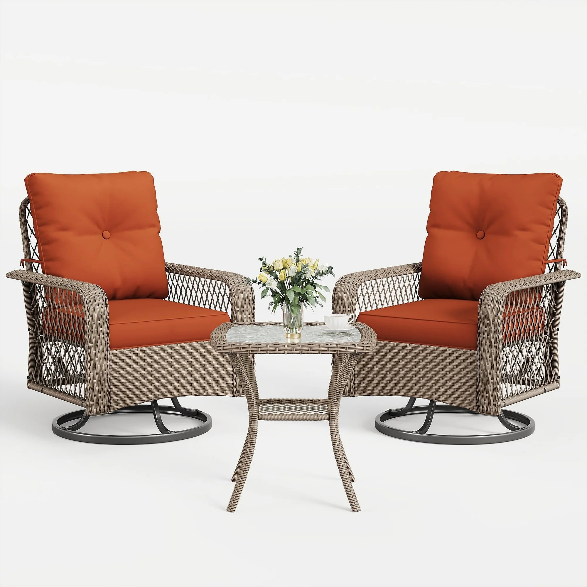 UDPATIO 3 Pieces Patio Furniture Set, Outdoor Swivel Gliders Rocker, Wicker Patio Bistro Set with Rattan Rocking Chair, Glass Top Side Table and Thickened Cushions for Porch Deck Backyard (Tangerine)
