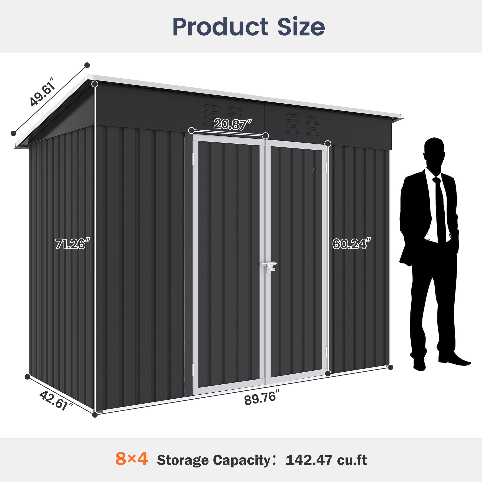 UDPATIO Sheds & Outdoor Storage , 8X4 FT Metal Steel Garage Storage with Sloping Roof & Lockable Door for Bicycle, Tool in Patio Lawn, Garden, Backyard, Grey
