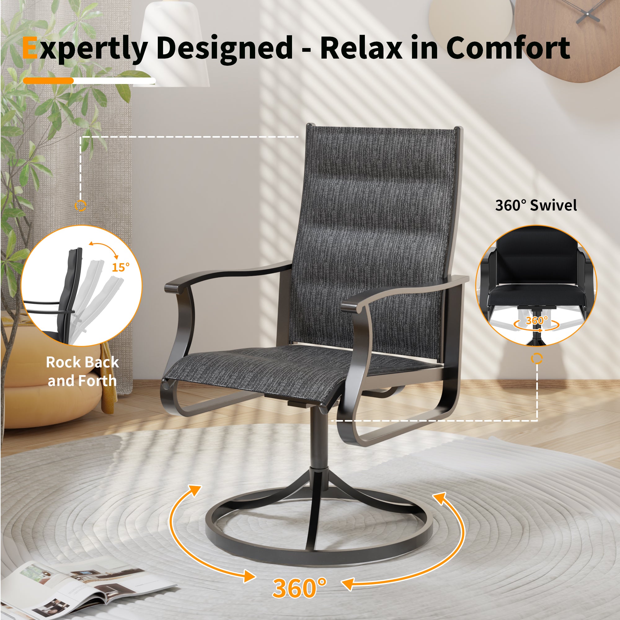 UDPATIO Swivel Patio Chairs Set of 4, Outdoor Swivel Rocker Patio Chairs with High Back, All Weather Textilene & Metal Frame for Backyard, Lawn, Porch, Pooside or Garden, Dark Grey - Padded