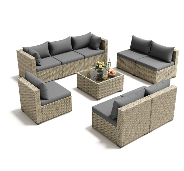 UDPATIO 9 Pieces Outdoor Patio Furniture Set, Outdoor Wicker Patio Conversation Set with Cushions for Backyard, Porch, Garden(Gray)