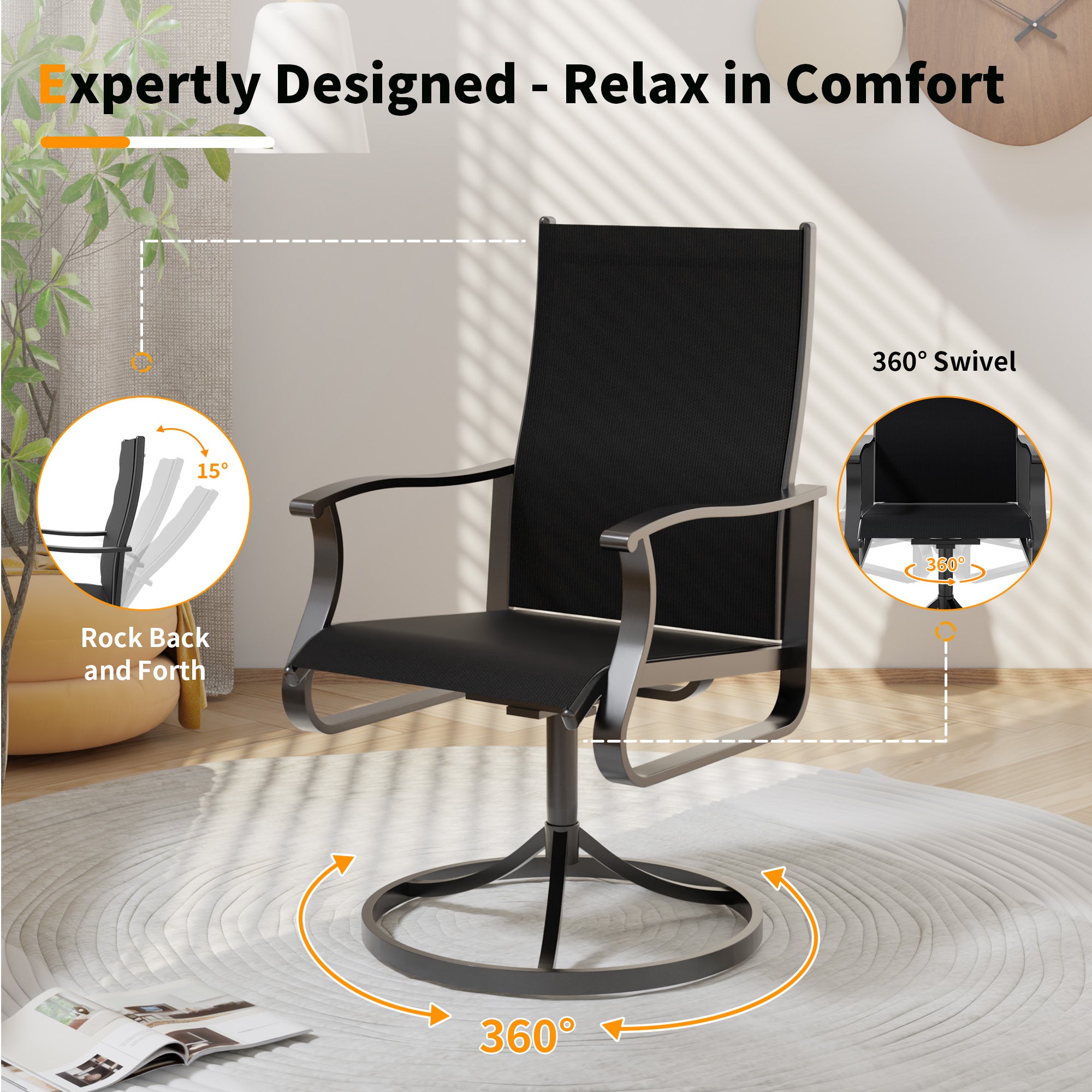 UDPATIO Swivel Patio Chairs Set of 4, Outdoor Swivel Rocker Patio Chairs with High Back, All Weather Textilene & Metal Frame for Backyard, Lawn, Porch, Pooside or Garden, Black