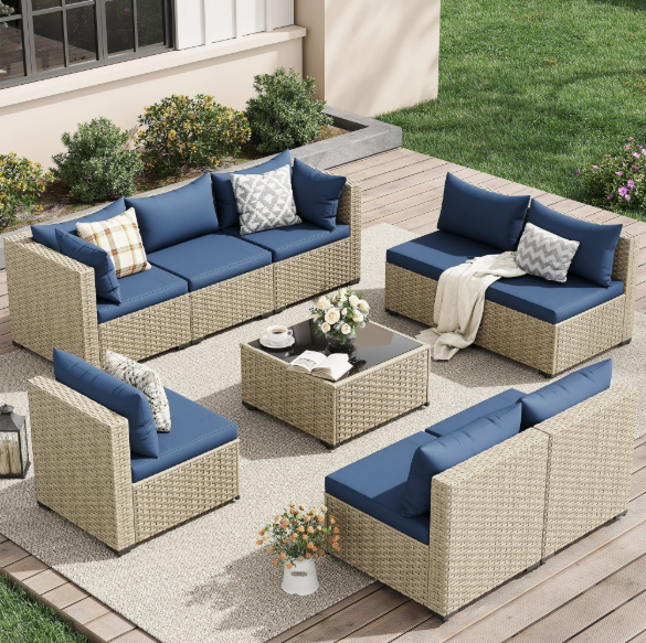 UDPATIO 9 Pieces Outdoor Patio Furniture Set, Outdoor Wicker Patio Conversation Set with Cushions for Backyard, Porch, Garden(Navy)